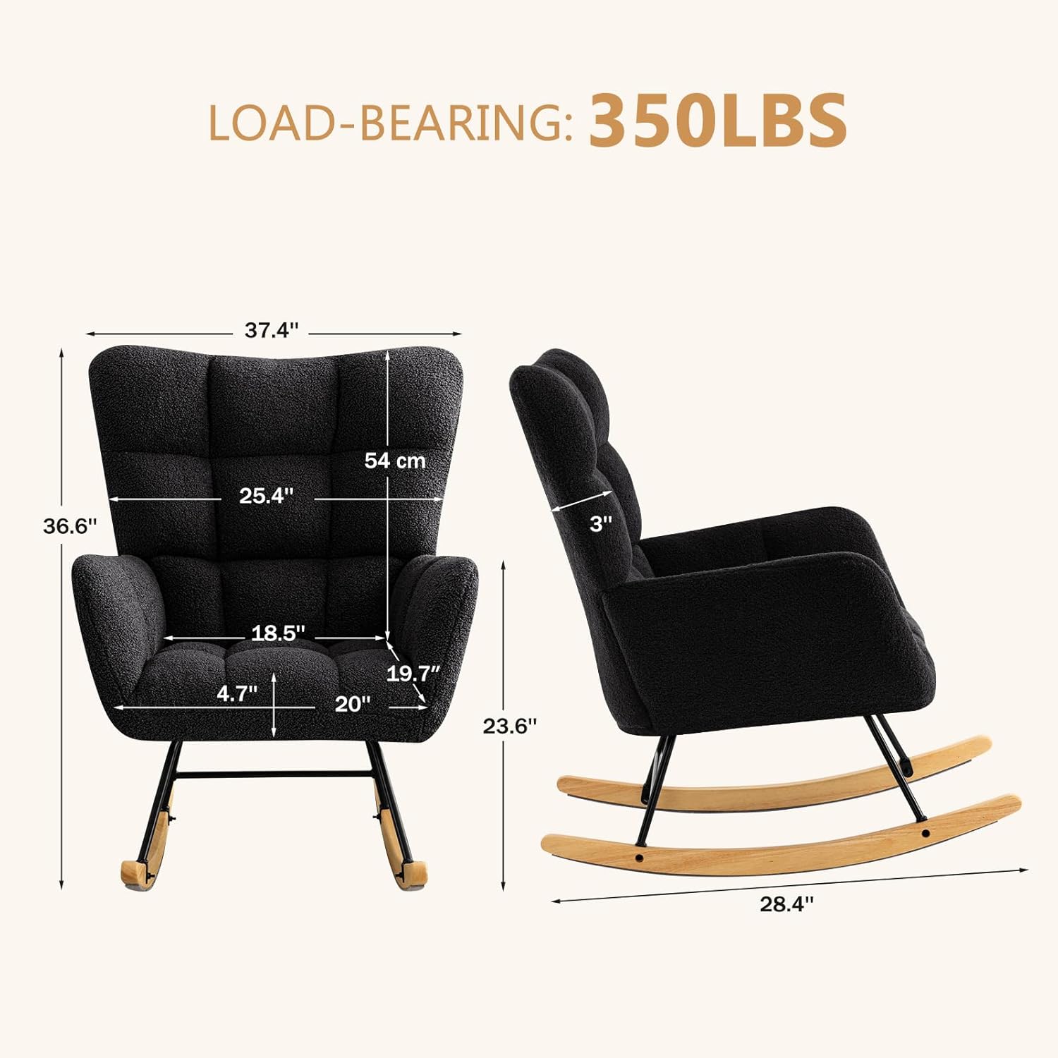 Furniliving Nursery Rocking Chair Upholstered Glider Rocking Chair Modern Accent Chair Padded Seat Reading Chair with High Backrest Comfy Chair for Living Room, Bedroom, Nursery, Black, Teddy