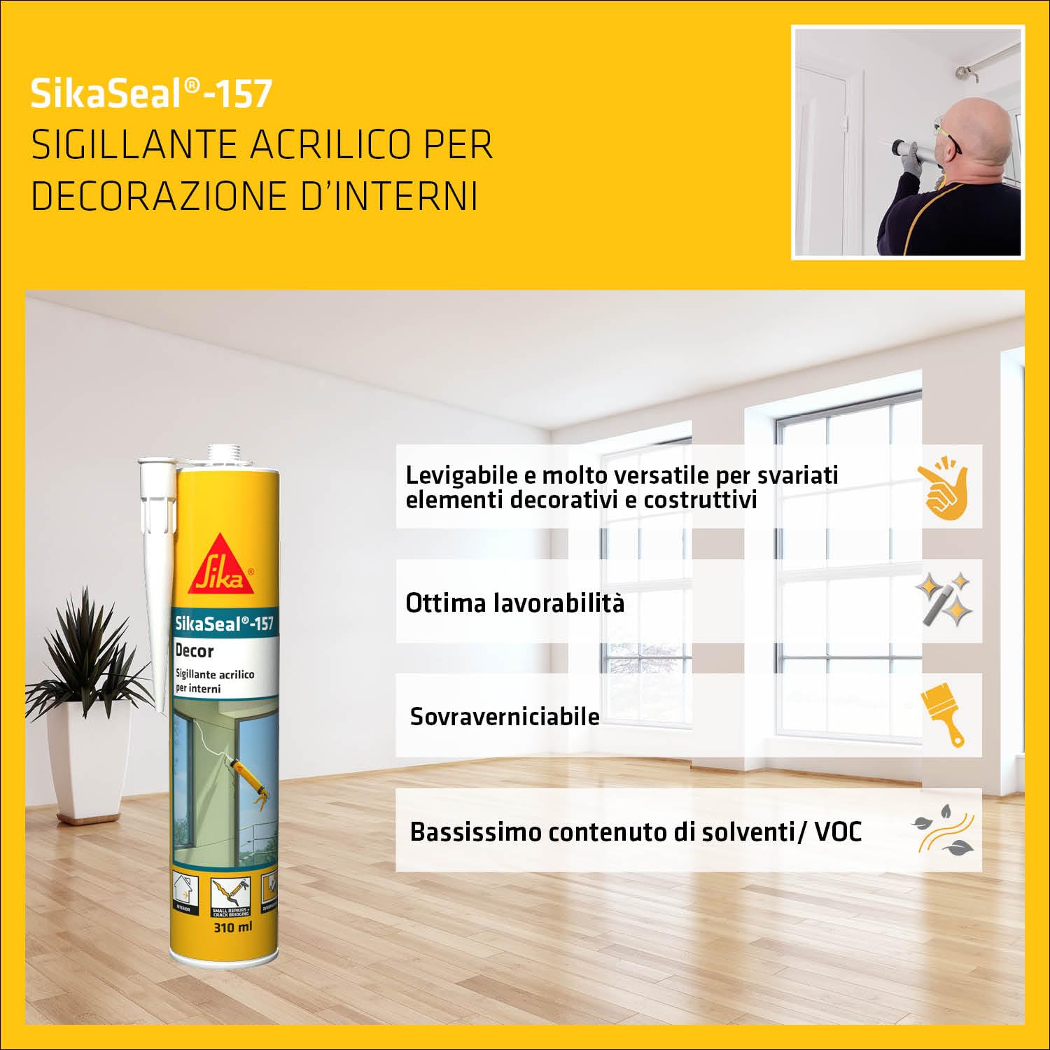 SIKA - Sigillante acrilico per interni - SikaSeal-157, Bianco - Ripara crepe, battiscopa e infissi con un tocco - Facilissimo da usare e sovraverniciare - 310ml