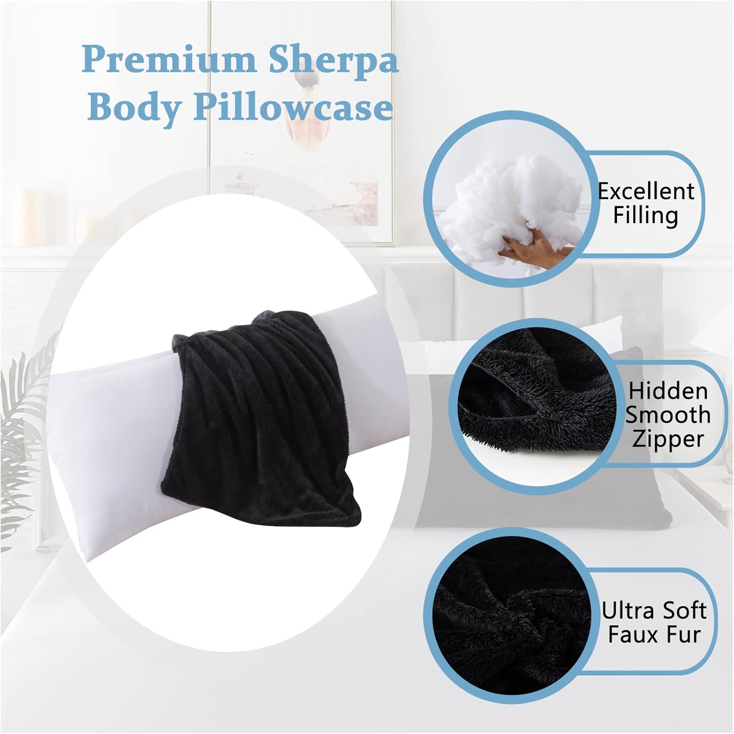 WhatsBedding Black Body Pillow with Pillowcase, Full Body Pillows for Adults, Large Long Body Pillow Insert, Long Pillow for Bed, Machine Washable, 20 x 54 Inches : Home & Kitchen