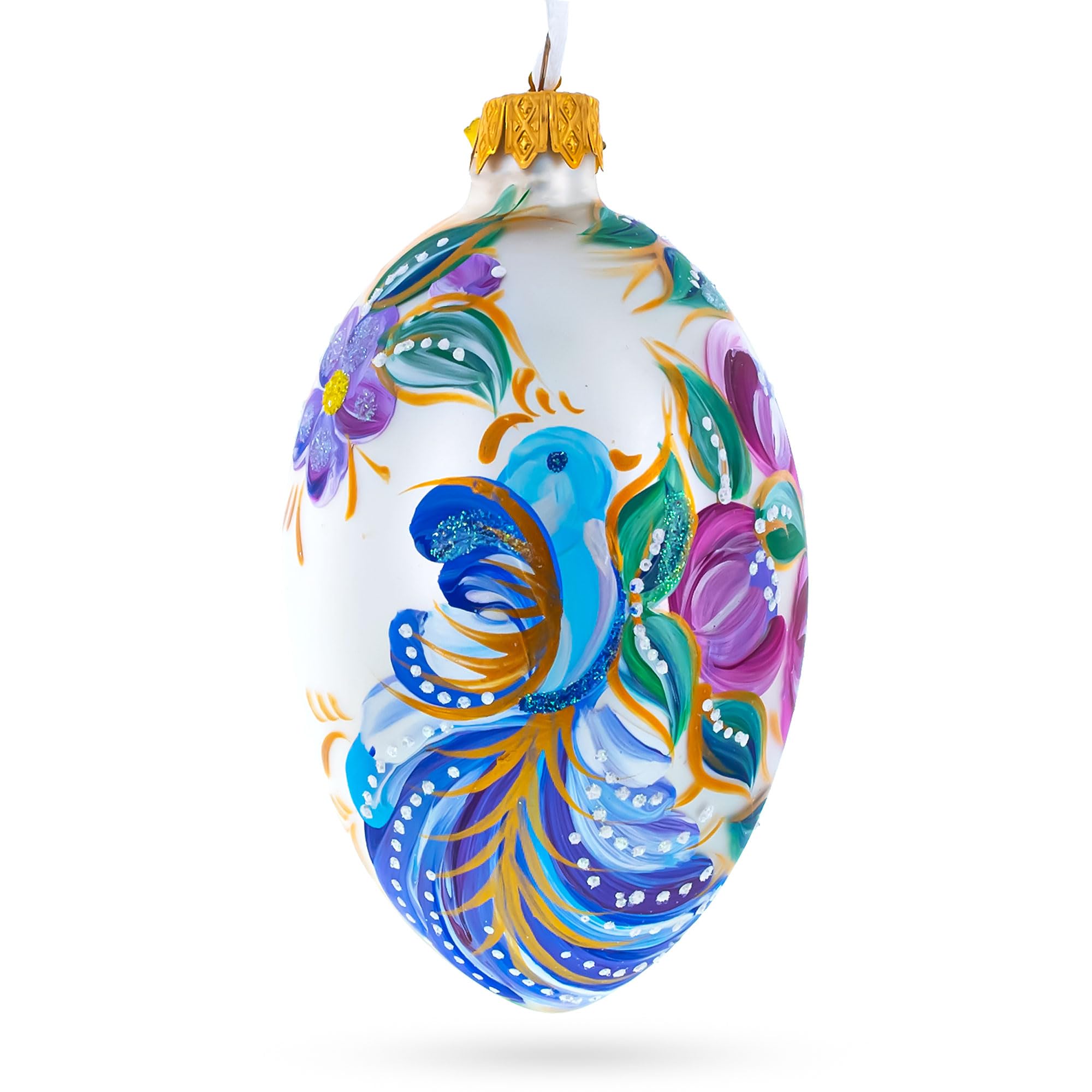 Œuf en verre oiseau bleu BestPysanky, suspension blanche 4 pouces Pâques