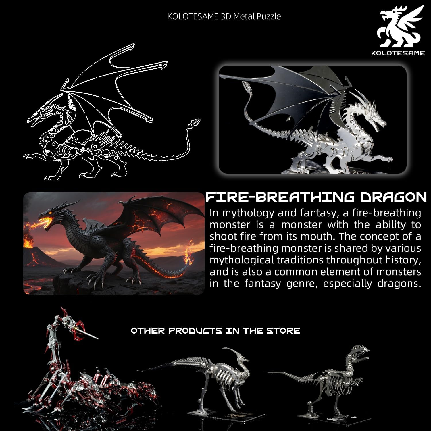 Mythical Fire Dragon 3D Metal Puzzle Model for Adults, Dragon DIY Building Model Kit, Fantasy Wyvern Creature Figurine for Gamers or Desk Metal Decor