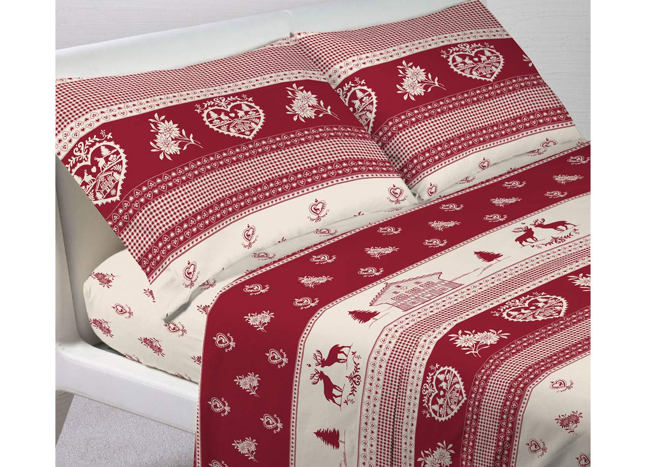 BIANCHERIAWEB Completo Lenzuola Letto in 100% Cotone Stile Montagna Chalet Disegno Tirolo Francese Tirolo
