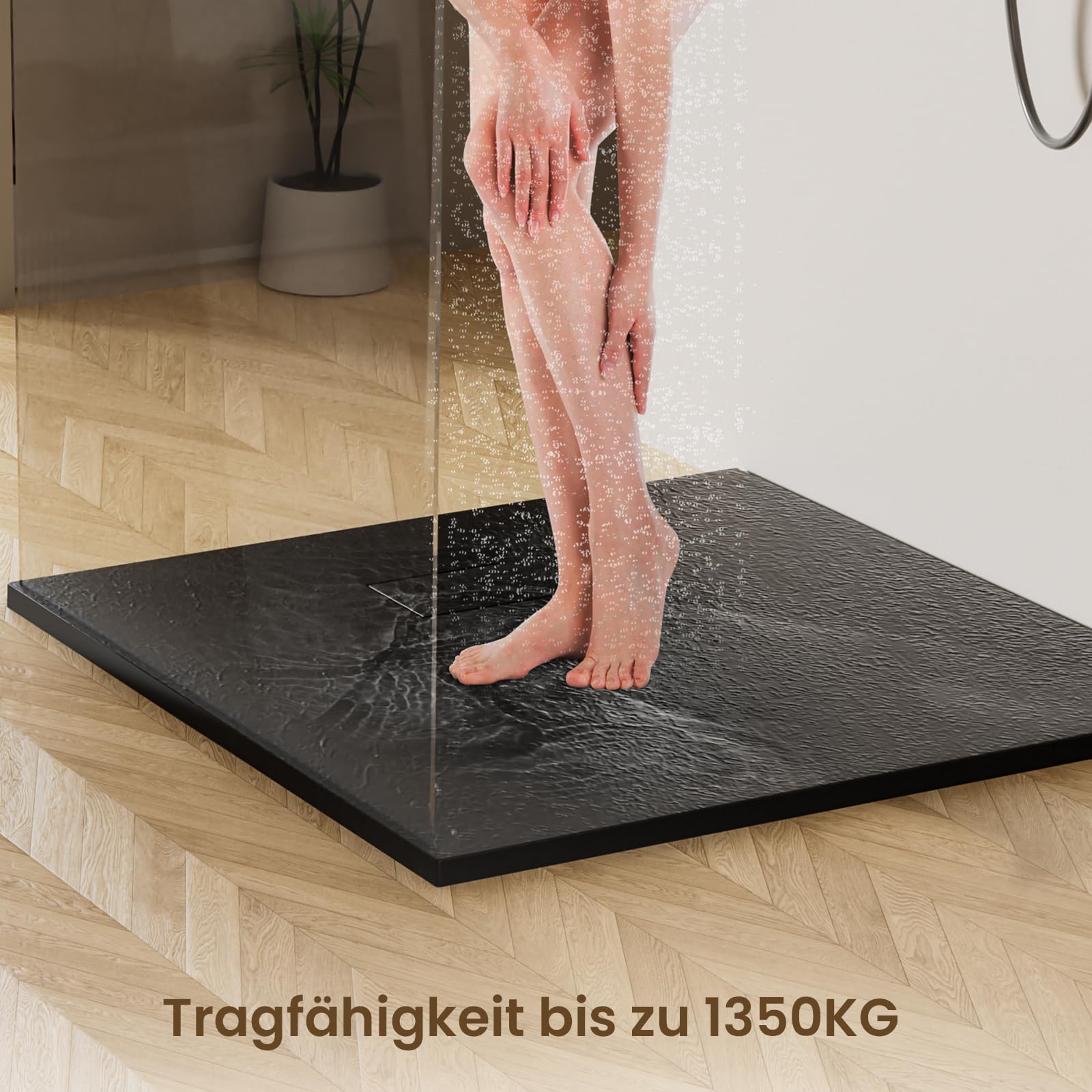 EMKE Plato de ducha 90 x 90 cm, plato de ducha plano SMC antideslizante, color negro, altura 2,6 cm, aspecto de piedra, desagüe 90 mm