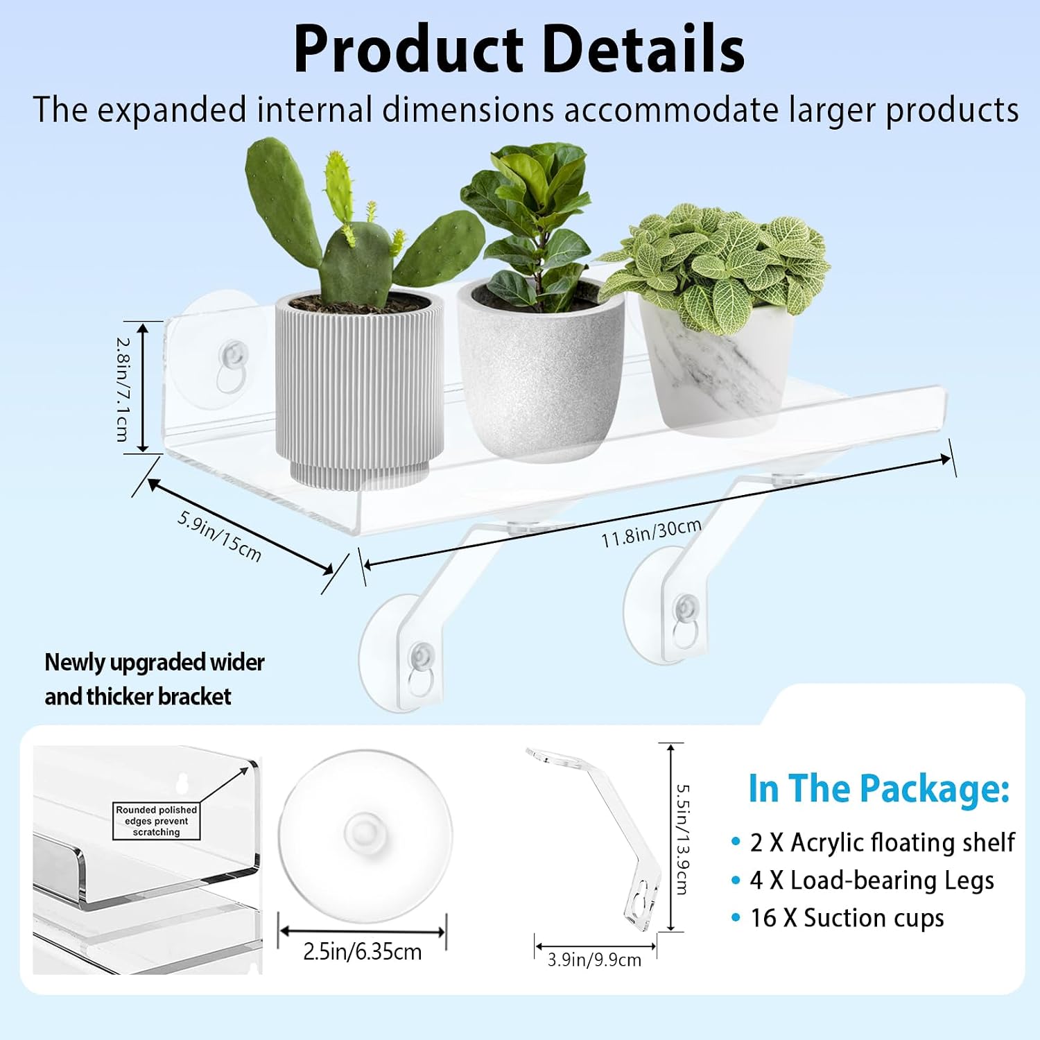 2 Pack 12 Inch Acrylic Window Boxes Plant Shelves, 6 Inch Extra-Wide Windowsill Extender – Features Suction Cups and Support Brackets for Succulents, Herbs, Seed Starting | Indoor/Outdoor Use