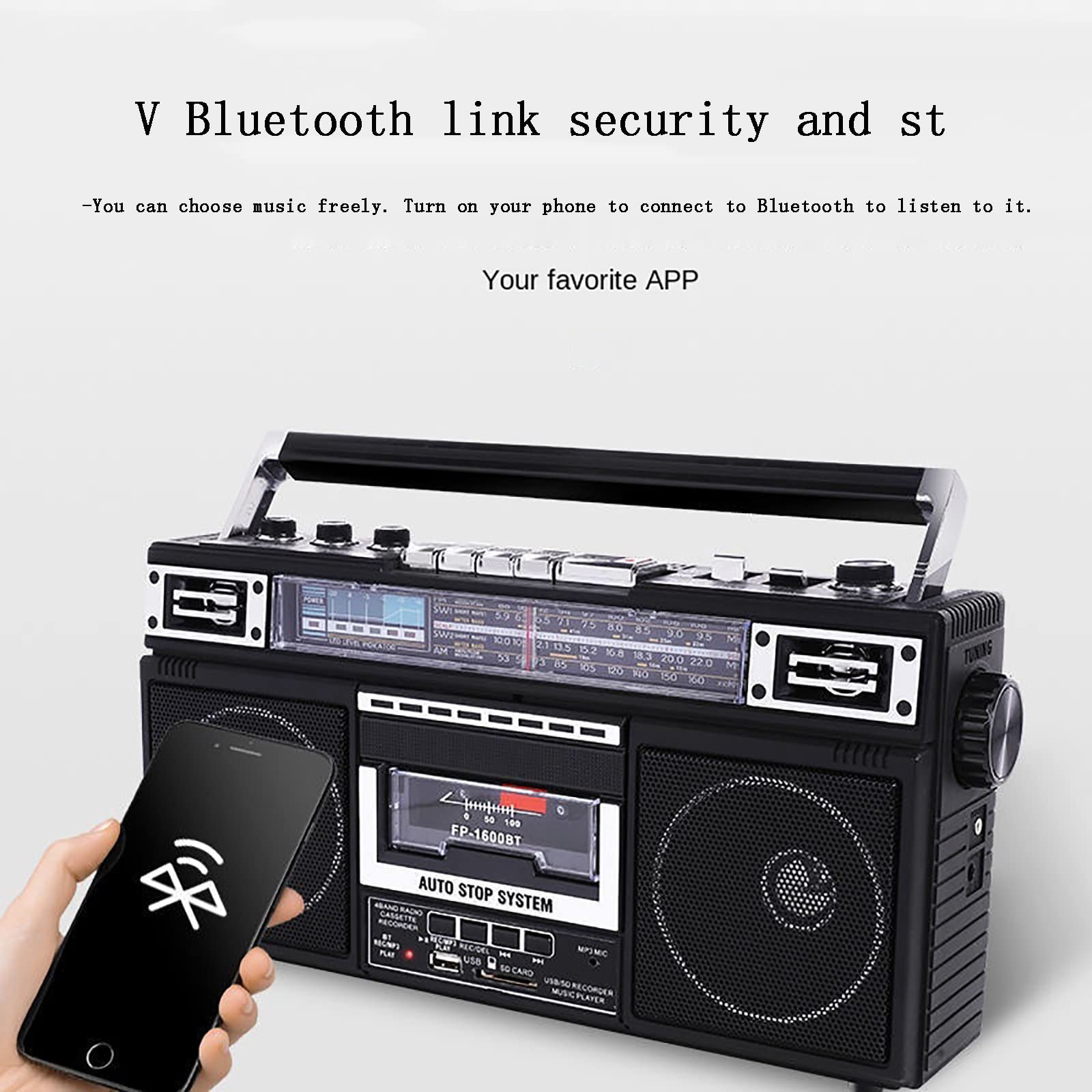 Retro magnetofon, przenośny odtwarzacz kasetowy, obsługa funkcji Bluetooth | Nagrywanie i odtwarzanie na taśmie | 3-pasmowy sygnał radiowy, jakość dźwięku HD