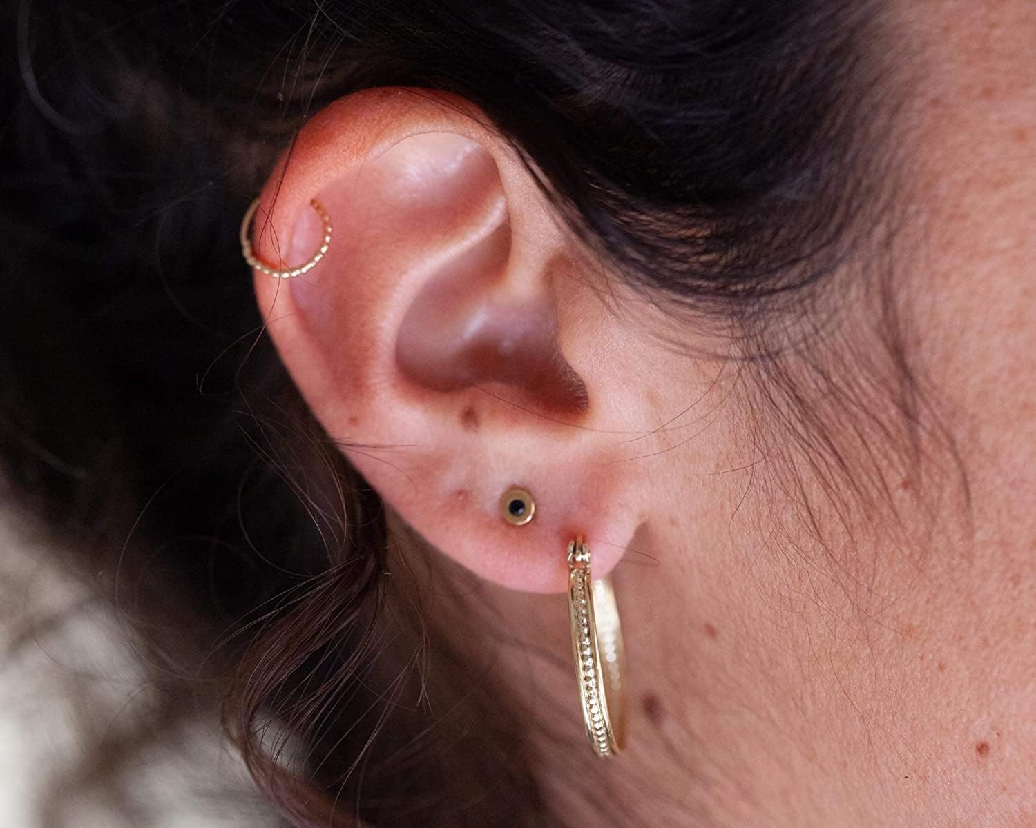 Real Solid Gold Nose Ring, Dainty Dots Piercing Hoop, Minimalist Cute 14K Gold Hoop, Indian Tribal Handmade Simple Everyday Sleepers Boho Piercing Jewelry, Curated Ear, Inner Diameter: 7.5mm, 20 Gauge - Image 3