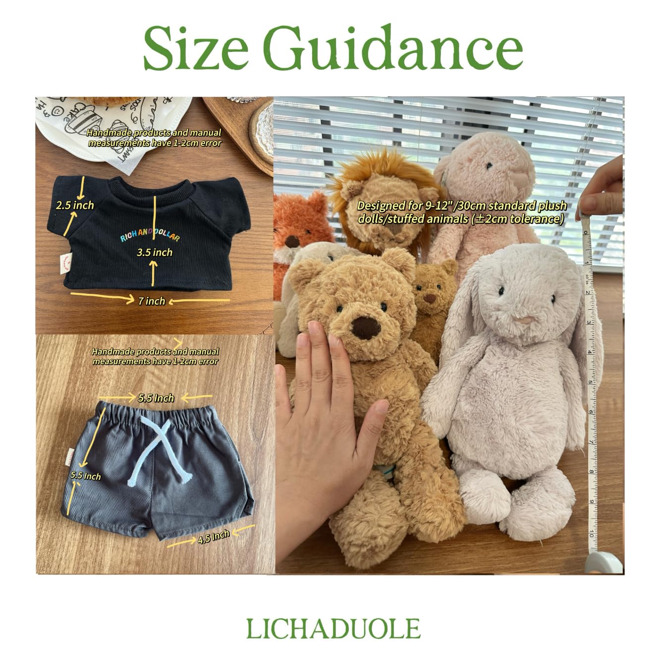 9-12"/30cm Honey Bear Teddybär Kleidung – Passend für 28cm Bumblybear, Medium Bartholomew Bear – 2-teiliges Set mit schwarzem Kurzarm-T-Shirt und Grauer kurzer Hose (OHNE SPIELFIGUR)