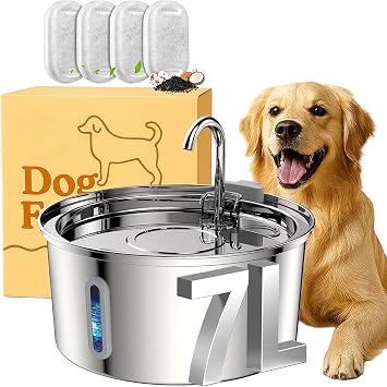 The Doggy Fountain, 4L/7L Dog Water Fountain, Stainless Steel Dog Water Fountain, Whisper Quiet & Easy to Clean & Multi-Filtration Type B + 2 Filters, 7L/254oz
