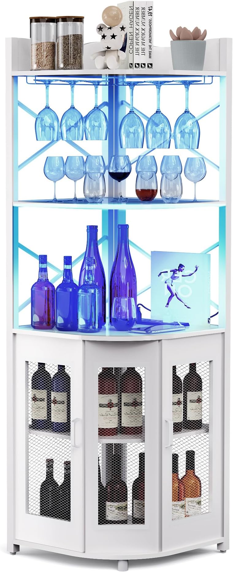 Corner Bar Cabinet With Power Outlet & LED Lights - 5-Tier Industrial Wine & Liquor Cabinet With Glass Holder, Grey