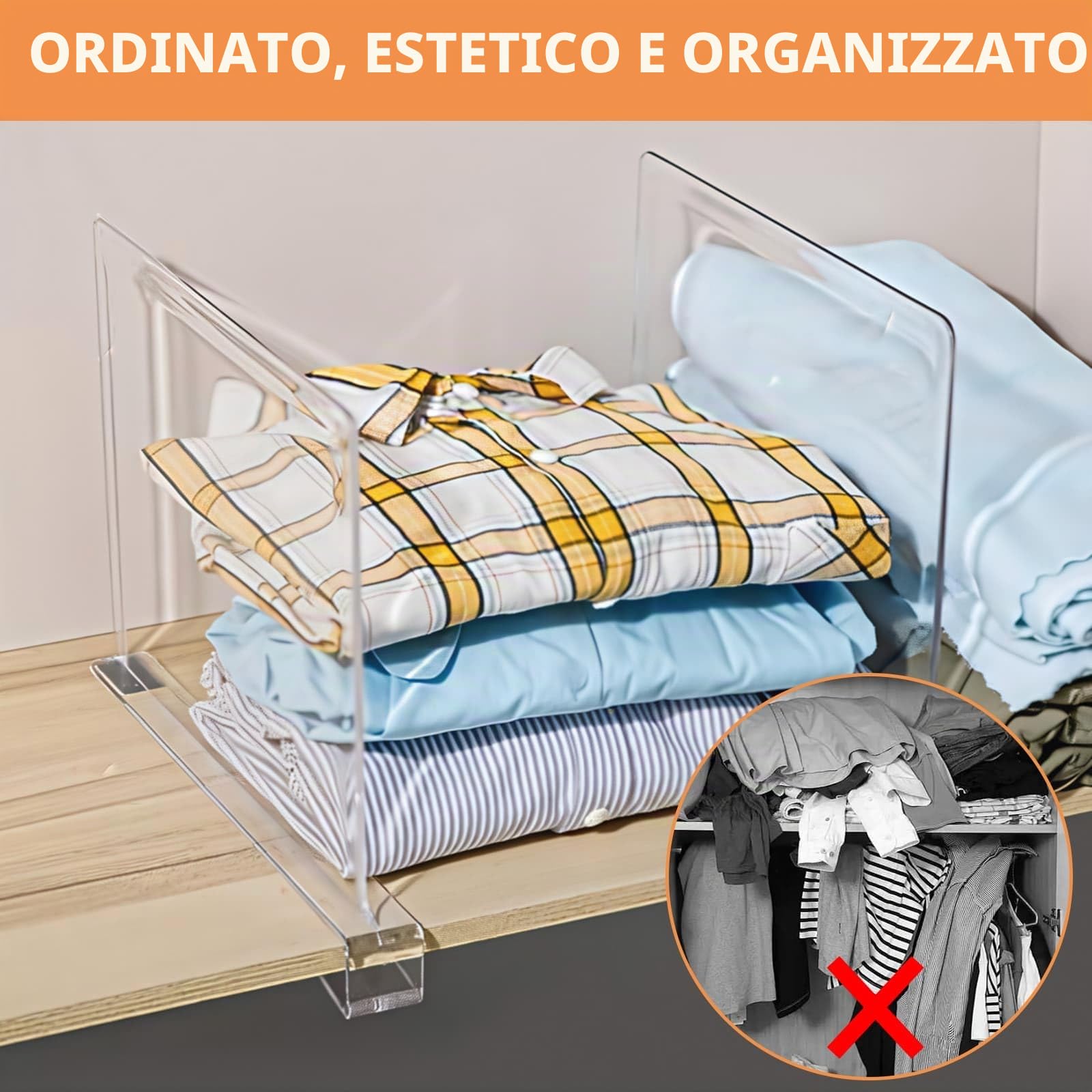 DYUEE Divisori in acrilico per armadi, confezione da 8 organizer trasparenti per armadio, organizer per borse e librerie, separatori per borse, vestiti, maglioni, asciugamani, uffici