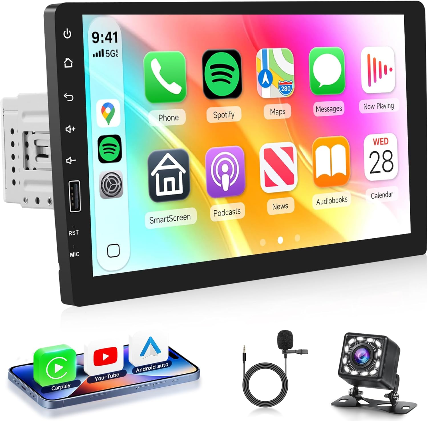 Single Din Car Radio Stereo Wireless Carplay & Android Auto, 6.9" HD IPS Touch Screen Radio, Bluetooth 5.2 Car Audio Receiver, Mirror Link, SWC, 1 Din Stereo with Backup Camera, FM/EQ/USB/Type-C