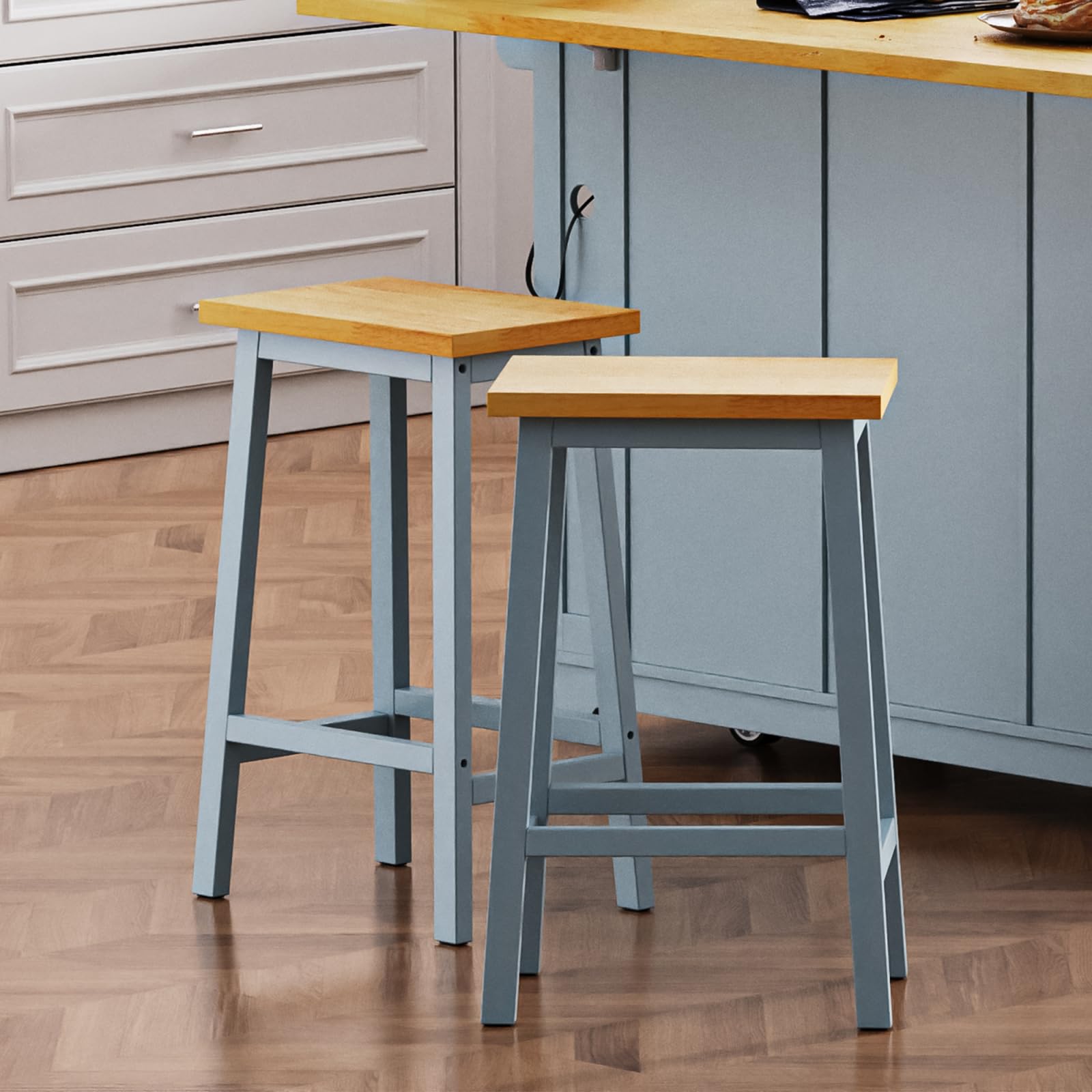 bytnghy Solid Wood Bar Stools Set of 2, 25.6" Tall Kitchen Counter Stools with Footrests, Farmhouse Stools for Dining Room, Kitchen, Counter, Grey