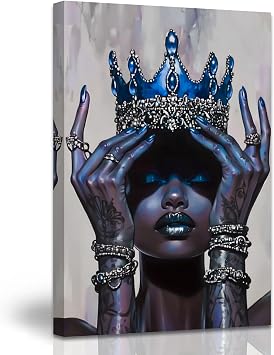 AWPANERAR African American Wall Art Black Woman Canvas Print African Queen with Crown Pictures Elegant Woman Painting Black Girl Poster Bedroom Decor Framed Blue, 18L x 12W