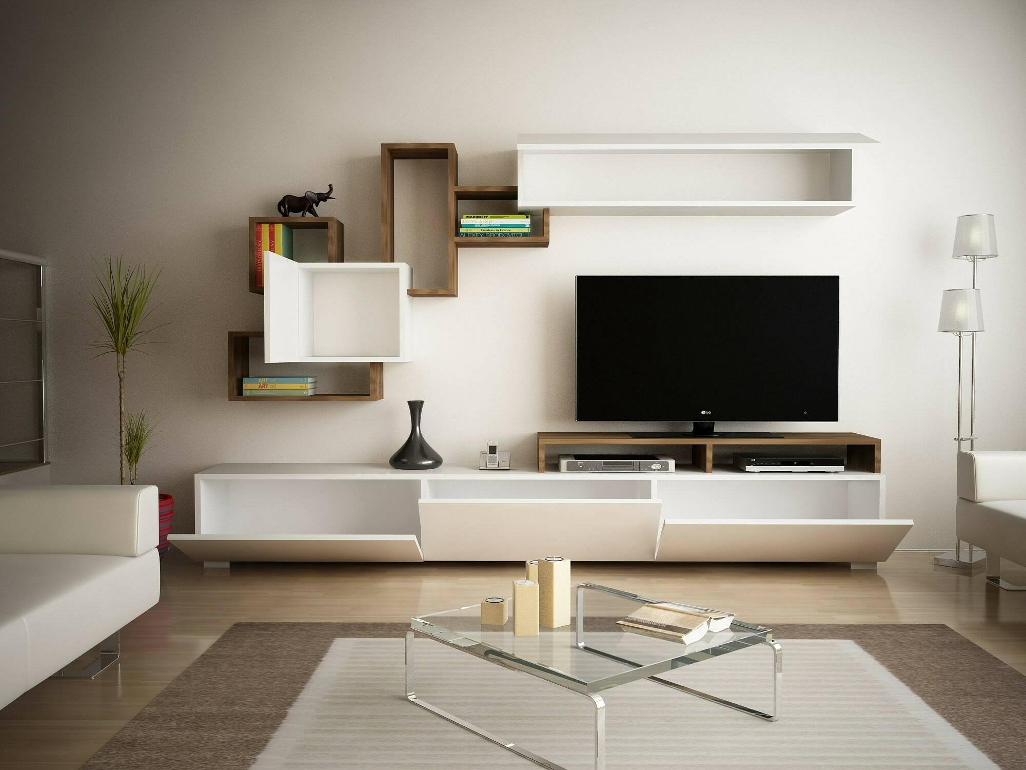Dmora - Parete attrezzata Thalassa, Composizione soggiorno, Mobile salotto multiuso, Armadio porta TV, 210x37h47 cm, Bianco e Noce