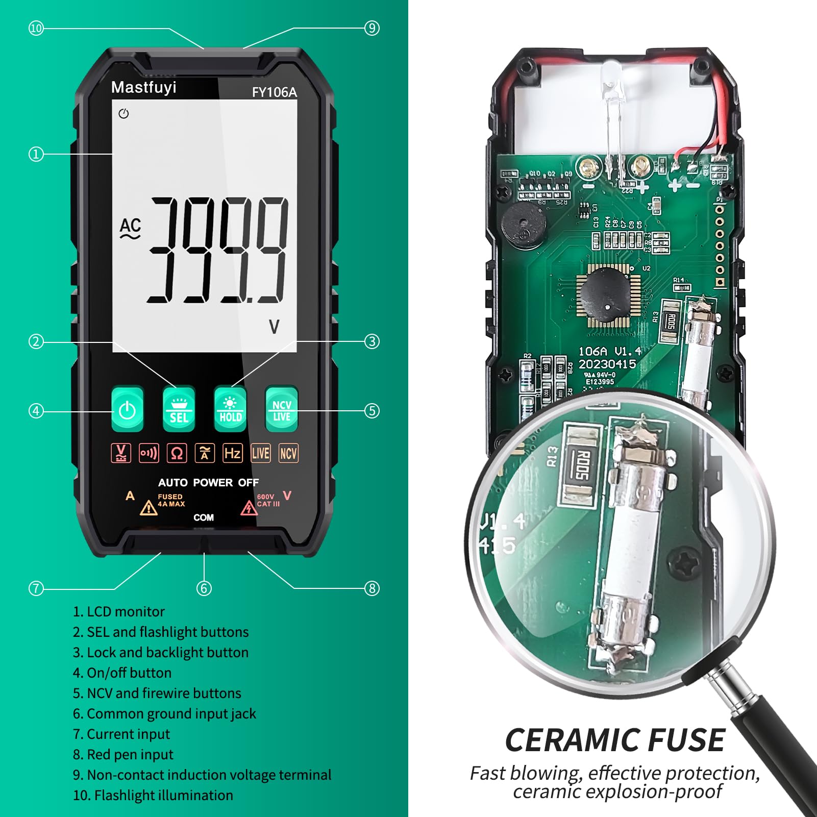 Multimetro Digitale, Multi-Tester NCV, Tester Elettrico Compatto e Intelligente, Auto-Range, Protezione da Sovraccarico, Vero Rms 4000, LCD Retroilluminato, Corrente/Tensione AC/DC, Continuità