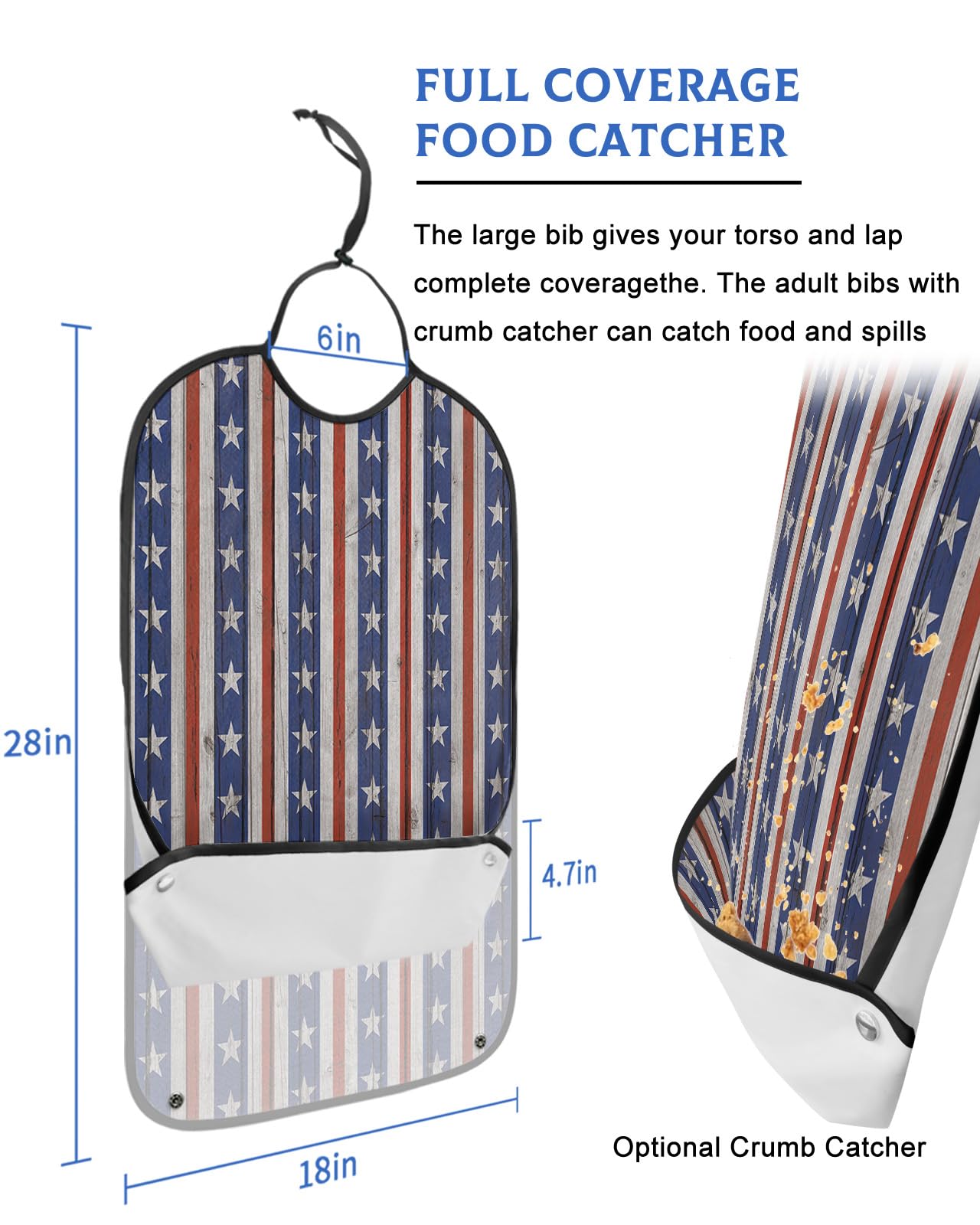 Red Blue Star Stripes Adult Bib for Eating with Crumb Catcher,Washable & Waterproof Terry Cloth Adjustable Elderly Women Men Adult Bibs Funny Apron Clothing Protector Farmhouse Independence Day