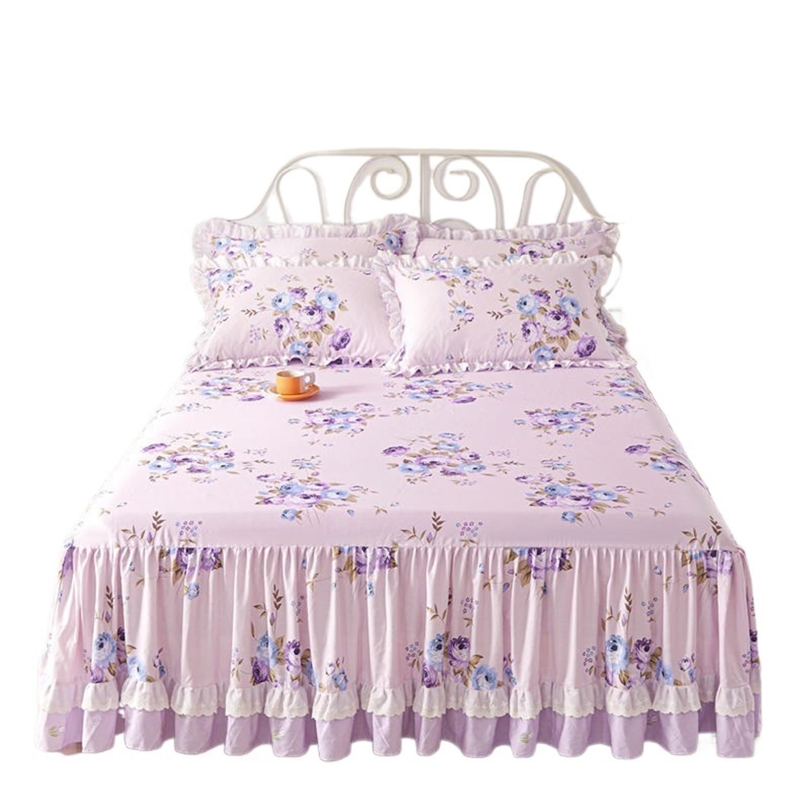 Princess Bedding Bed Skirt Pillowcases Pink Flowers Printing Cover Ruffle Bedspread Mattress(Color,3pcs 180x200cm)