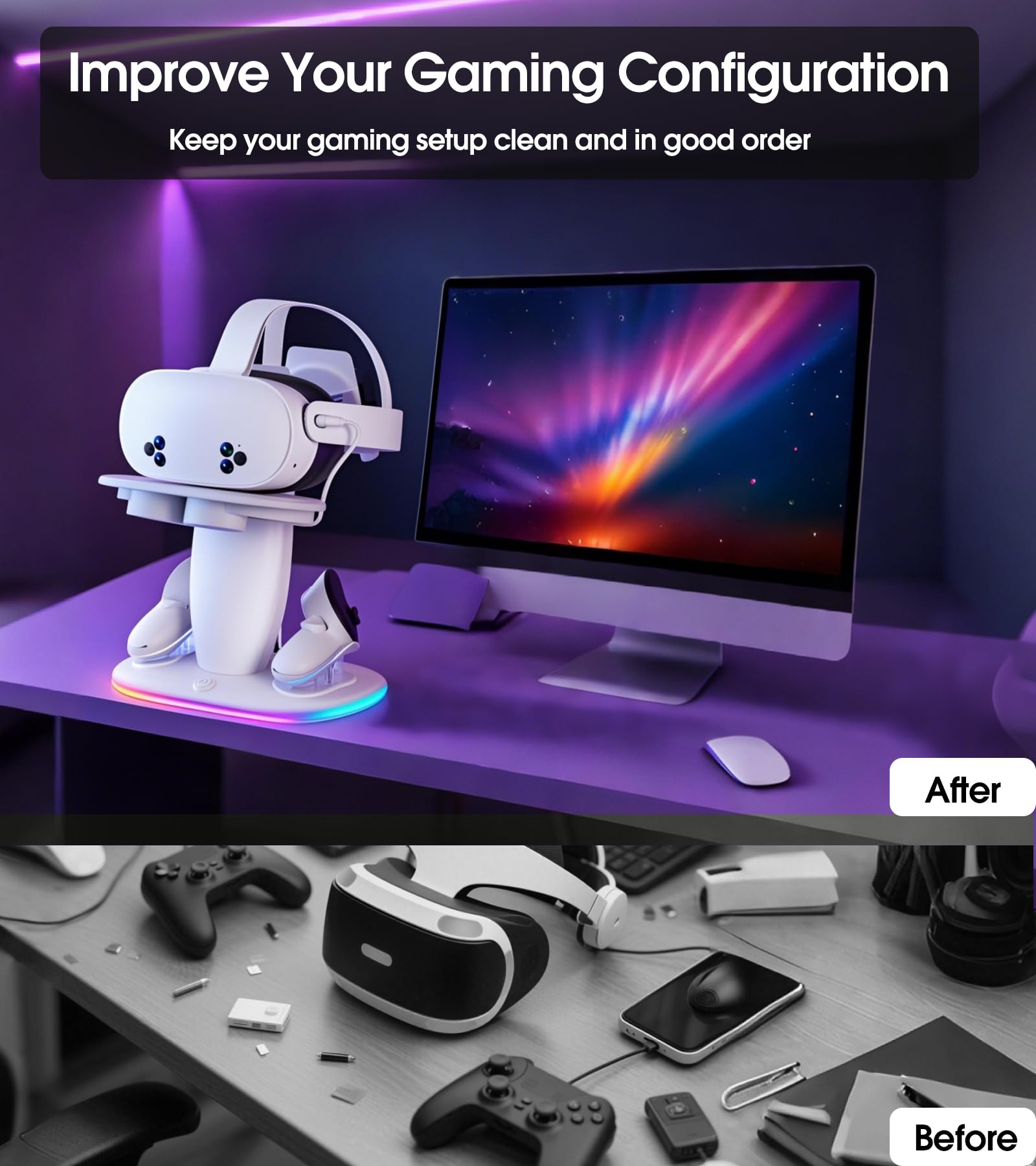 Ladestation für Meta Quest 2/3/3S/Quest Pro,Schnelllade-Dock mit RGB Beleuchtung für Controller, Ladedock mit USB C Schnellladung für VR Headset und Touch Controller (White)