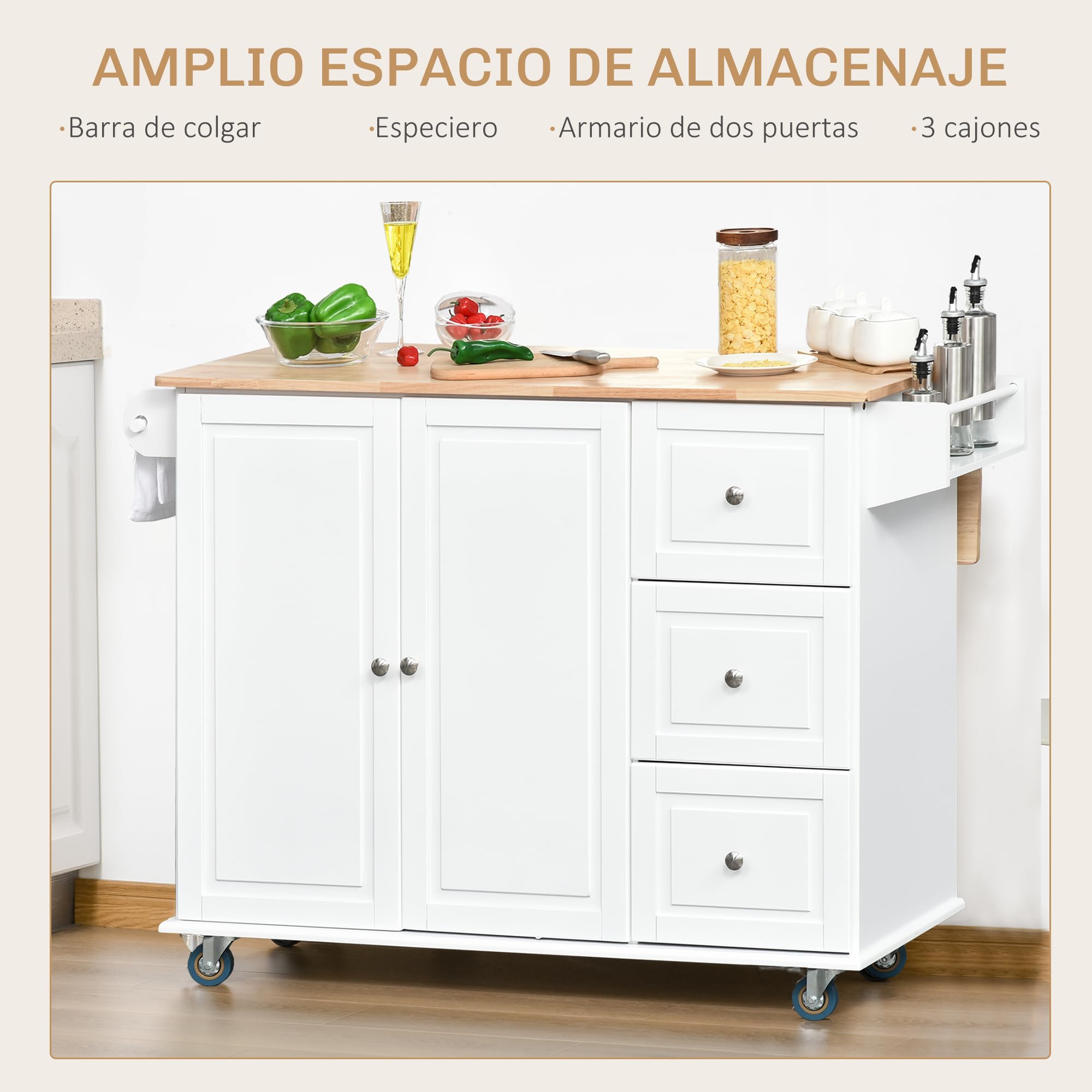 HOMCOM Carro de Cocina con Ruedas 3 Cajones, 2 Puertas y Especiero Blanco | Isla de Cocina, estante ajustable, barra de colgar, 128,8x75,5x92,5 cm
