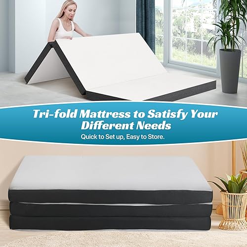 Miniatura 4 de Dkelincs Colchón plegable de 4 pulgadas, triple pliegue, de espuma viscoelástica, portátil, plegable, para campamento, invitados, yoga, blanco