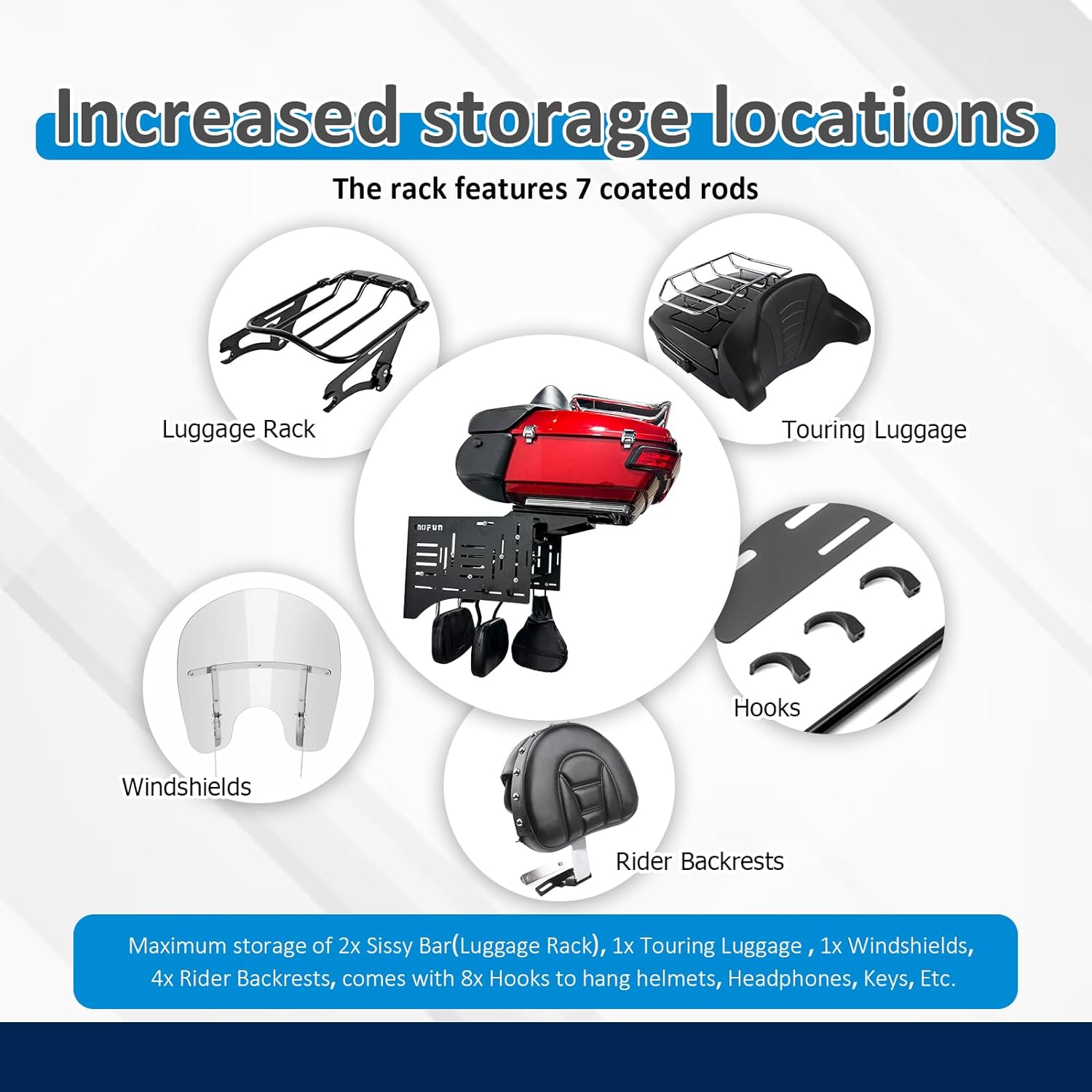 Mofun Tour Wall Mount Storage Rack Detach Depot Wall Rack Compatible with Harley Detachable And Products Including Tour Pack Mounting Racks, Sissy Bars, Luggage Racks, Rider Backrests Windshields