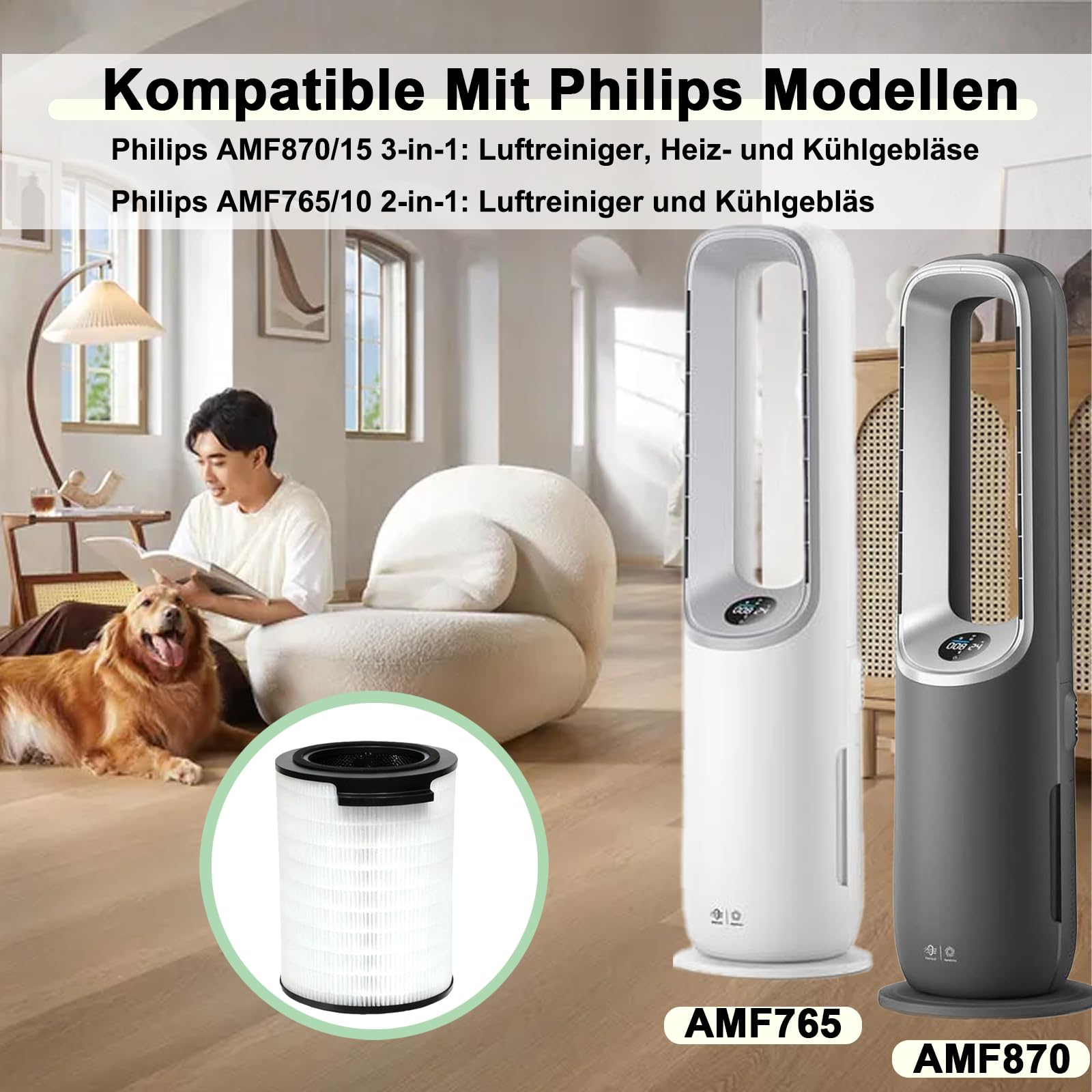 FYM860 filtr zamienny do oczyszczacza powietrza AMF870/15 i AMF765/10 – filtr HEPA 3 w 1 z węglem aktywnym i filtrem wstępnym FYM860/30, trwały 4-6 miesięcy, do pyłków, sierści zwierząt, zapachów i