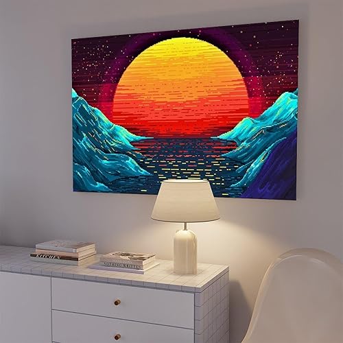 Miniatura 7 de Original Retro Wave at Sunset Painting Art on Canvas, Magical Sun Printing Canvas Sets, Pixeles Graphics Canvas Wall Art Print Poster For Home