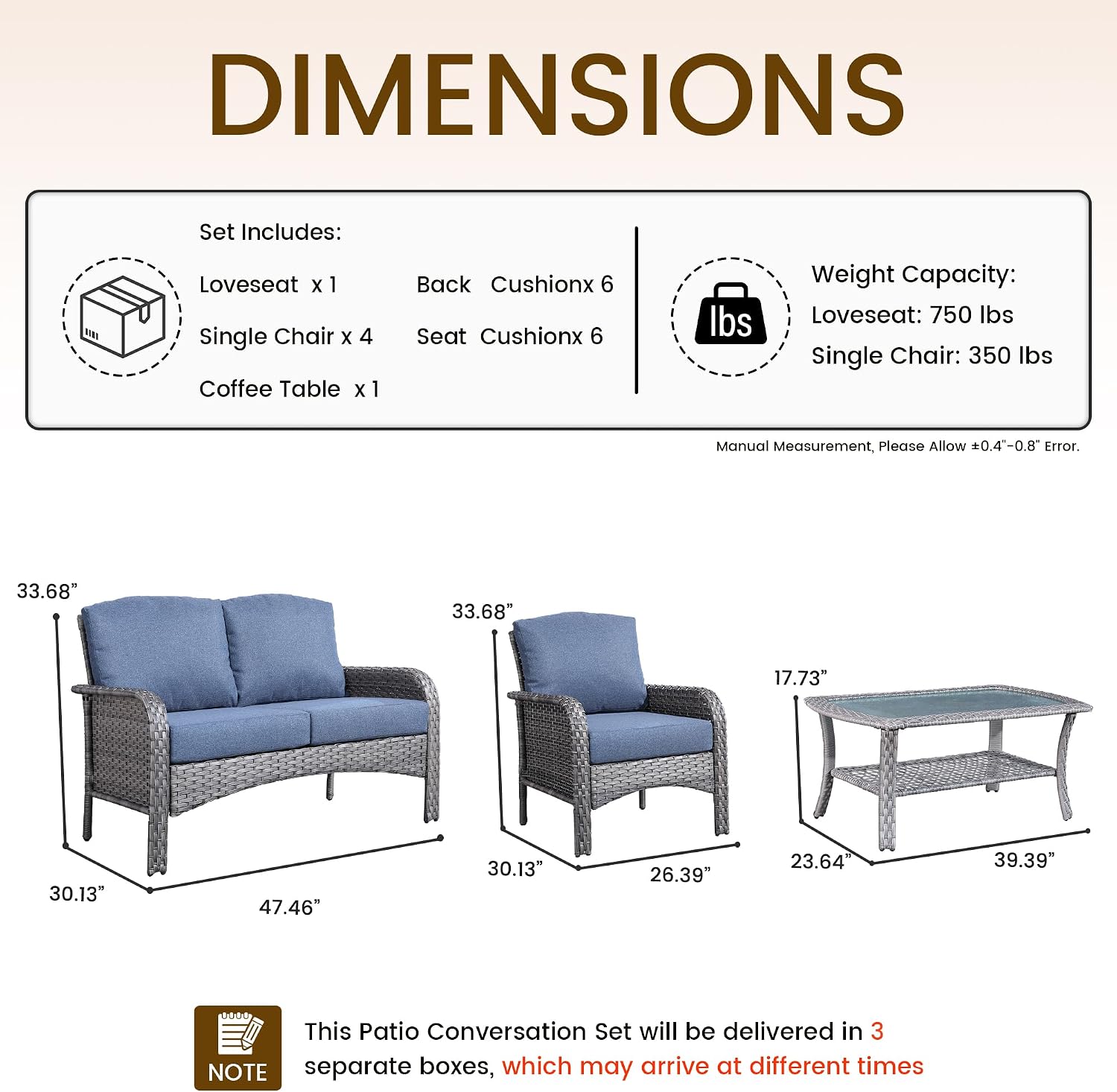CAODOC 6-Piece Wicker Patio Furniture Set, All-Weather Rattan Conversation Bistro Loveseat Chair and Table Set for Backyard, Balcony and Deck with Soft Cushions and Metal Table