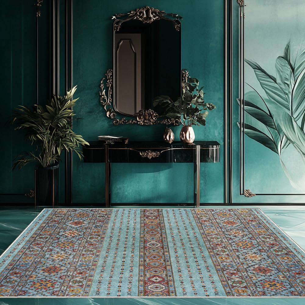 Tapis de salon lavable bleu rétro fini la poussière avec les poils courts