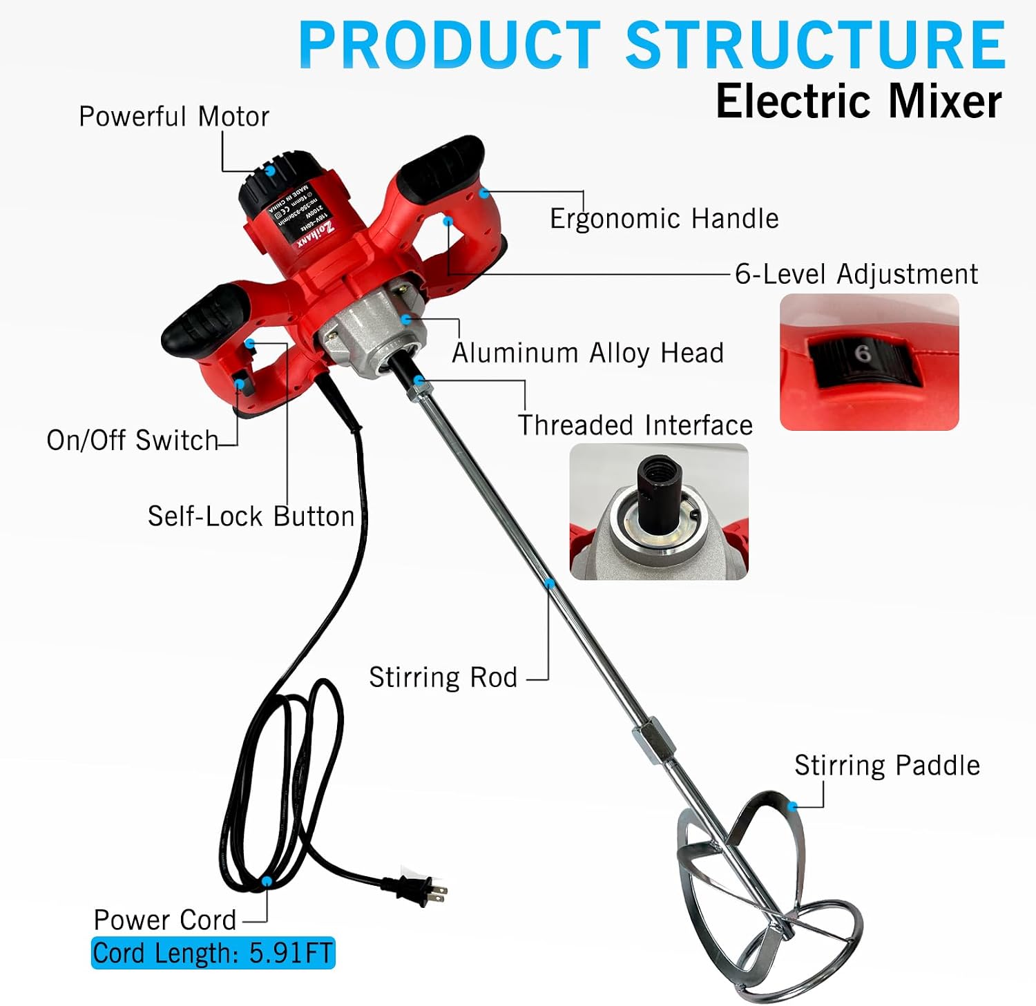 Electric Concrete Mixer,Portable Mortar Mixer with 6 Adjustable Speed | 110V 2100W Handheld Electric Mud Mixer for Mixing Concrete, Cement, Mud, Mortar, Putty, Paint