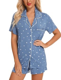 Samring Womens Pajamas Set Short Sleeve Sleepwear Button Down Nightwear Shorts Soft Pj Sets S-XXL