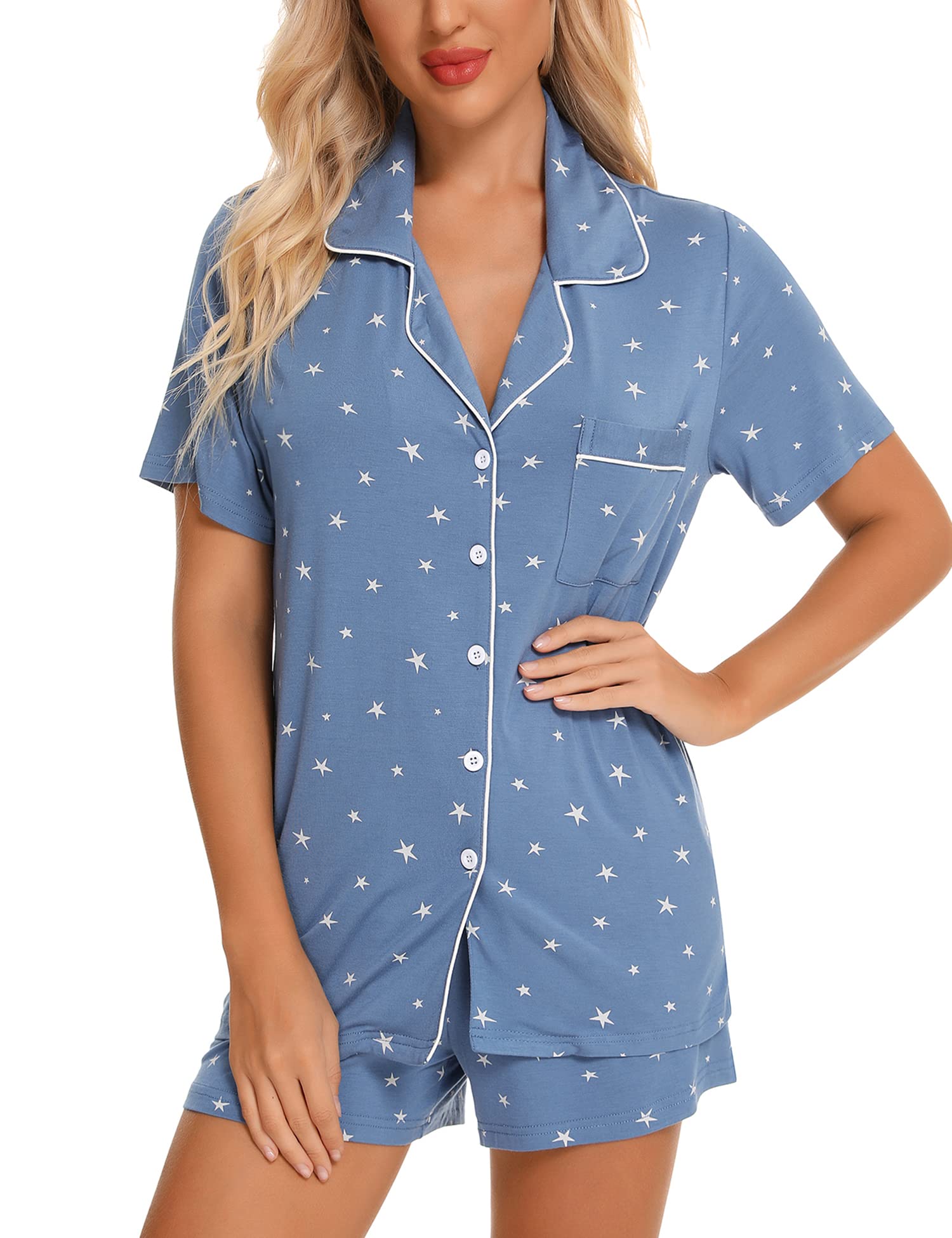 Samring Womens Pajamas Set Short Sleeve Sleepwear Button Down Nightwear Shorts Soft Pj Sets S-XXL