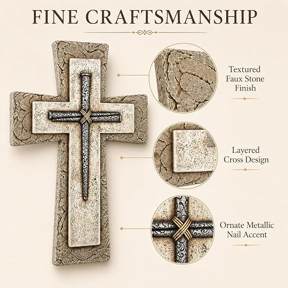 Comfy Hour 12 Inch Wall Cross, Faux Stone Religious Decor | Wall crosses for home decor, christian cross wall decor, polyresin, neutral earthy tones, nail design, 1 unit