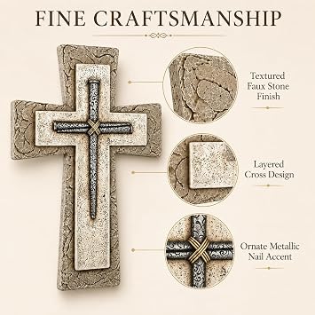 Comfy Hour 12 Inch Wall Cross, Faux Stone Religious Decor | Wall crosses for home decor, christian cross wall decor, polyresin, neutral earthy tones, nail design, 1 unit