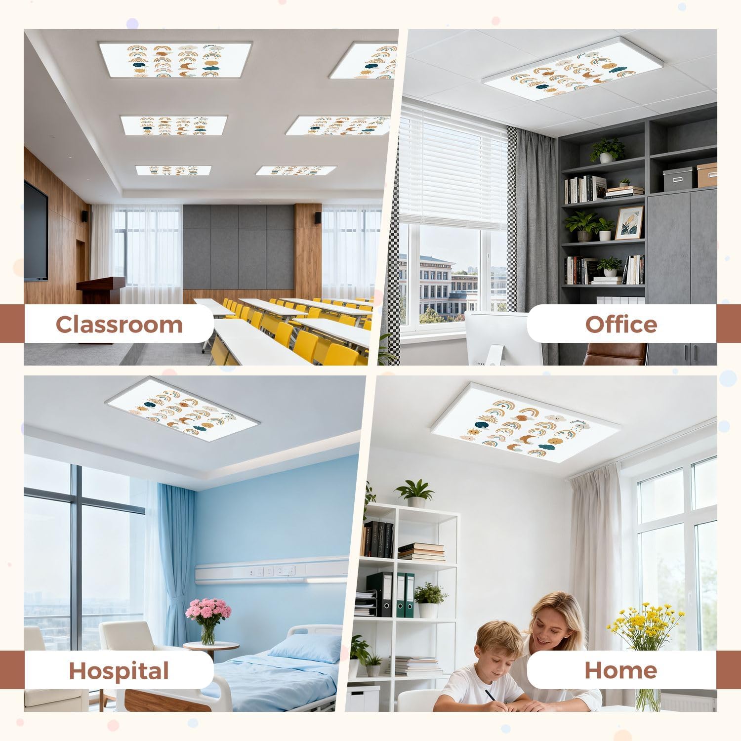 4 Pcs Fluorescent Light Covers for Ceiling Lights drawn boho clipart for nursery decoration cute rainbows sun cloud Magnetic Decorative Shade Filters 4x2 ft for Classroom Office Hospital Decor