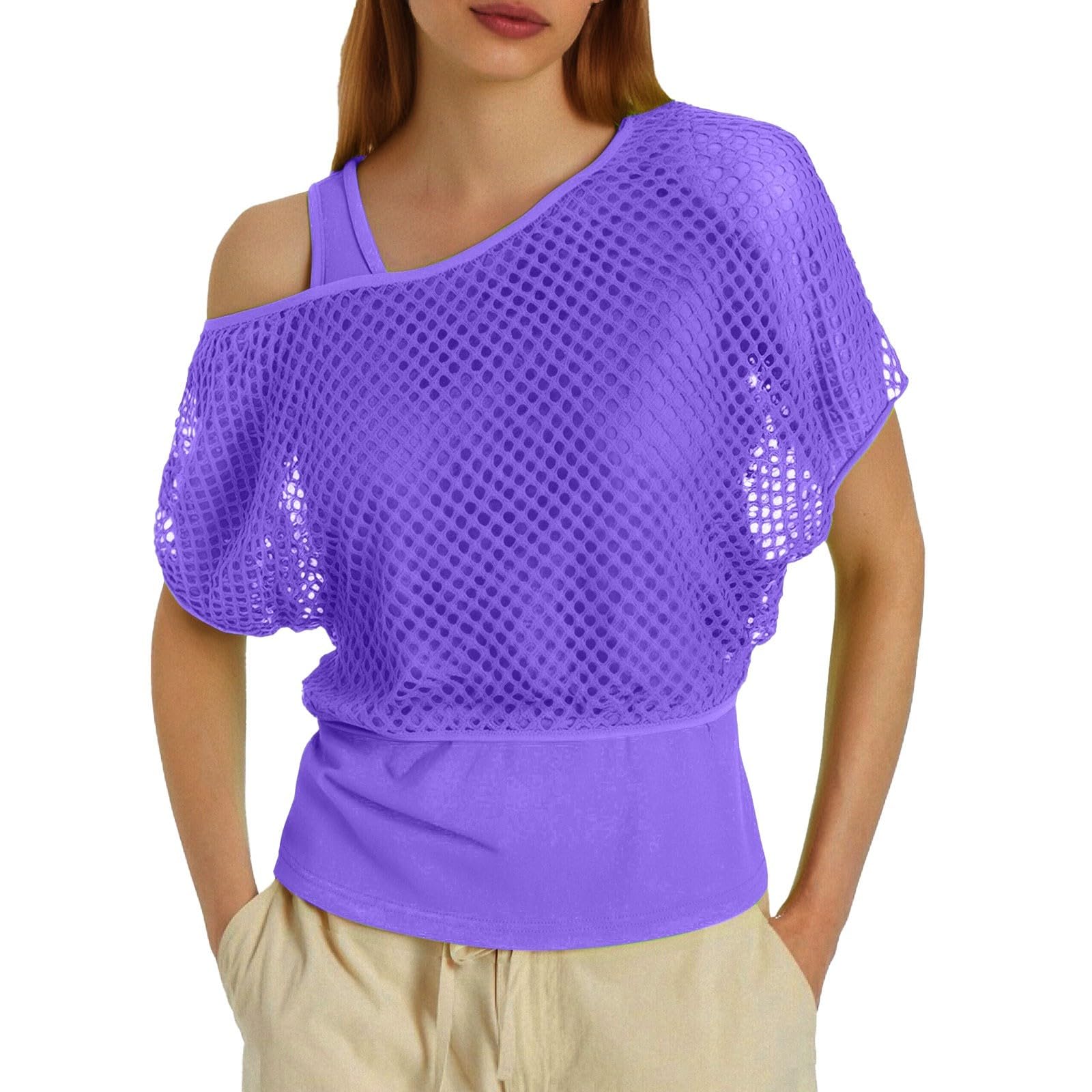 80S Neon Mesh Top for Women Fishnet T Shirts Sheer Off Shoulder Tops and Vest 2 Pieces Set Party Outfit Sexy Disco Clothes Y2K Gothic Tops Retro 90s 80s Party Costume Rave Outfits (Z1-Purple, XXXXL)