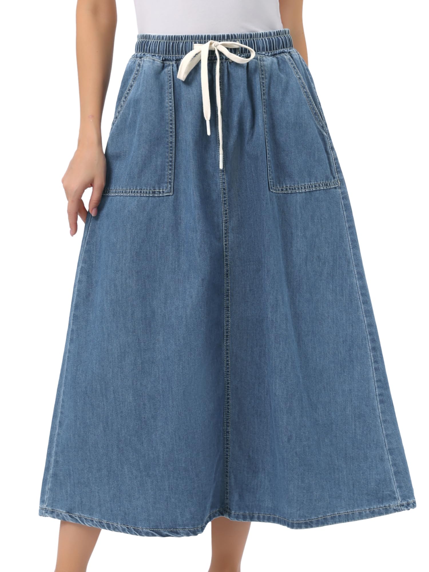 Allegra K Denim Maxi Skirt for Women Elastic Waist Casual A Line Long Jean Skirts