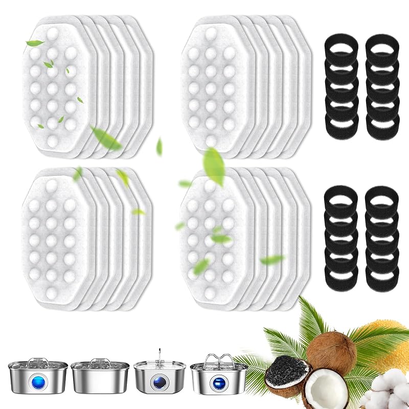 Filtros de Reposição para Fonte de Água para Gatos CATOL Compatíveis com Neareal e Rellaty 3,2 L, 20 Filtros e 20 Esponjas