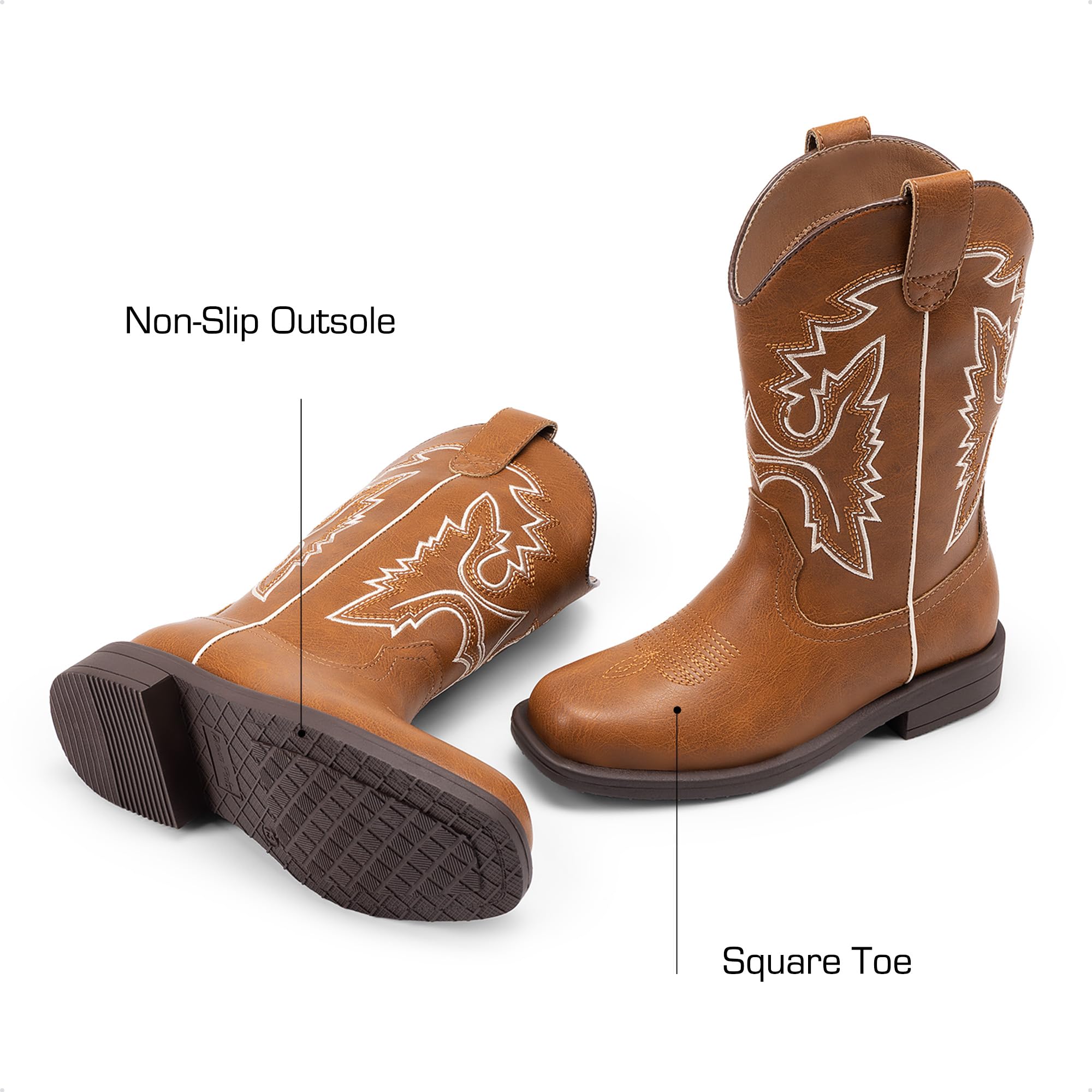 DREAM PAIRS Bottes de cowboy mi-mollet pour garçons et filles Bottes d'équitation à bout carré pour enfants, marron, 32 EU