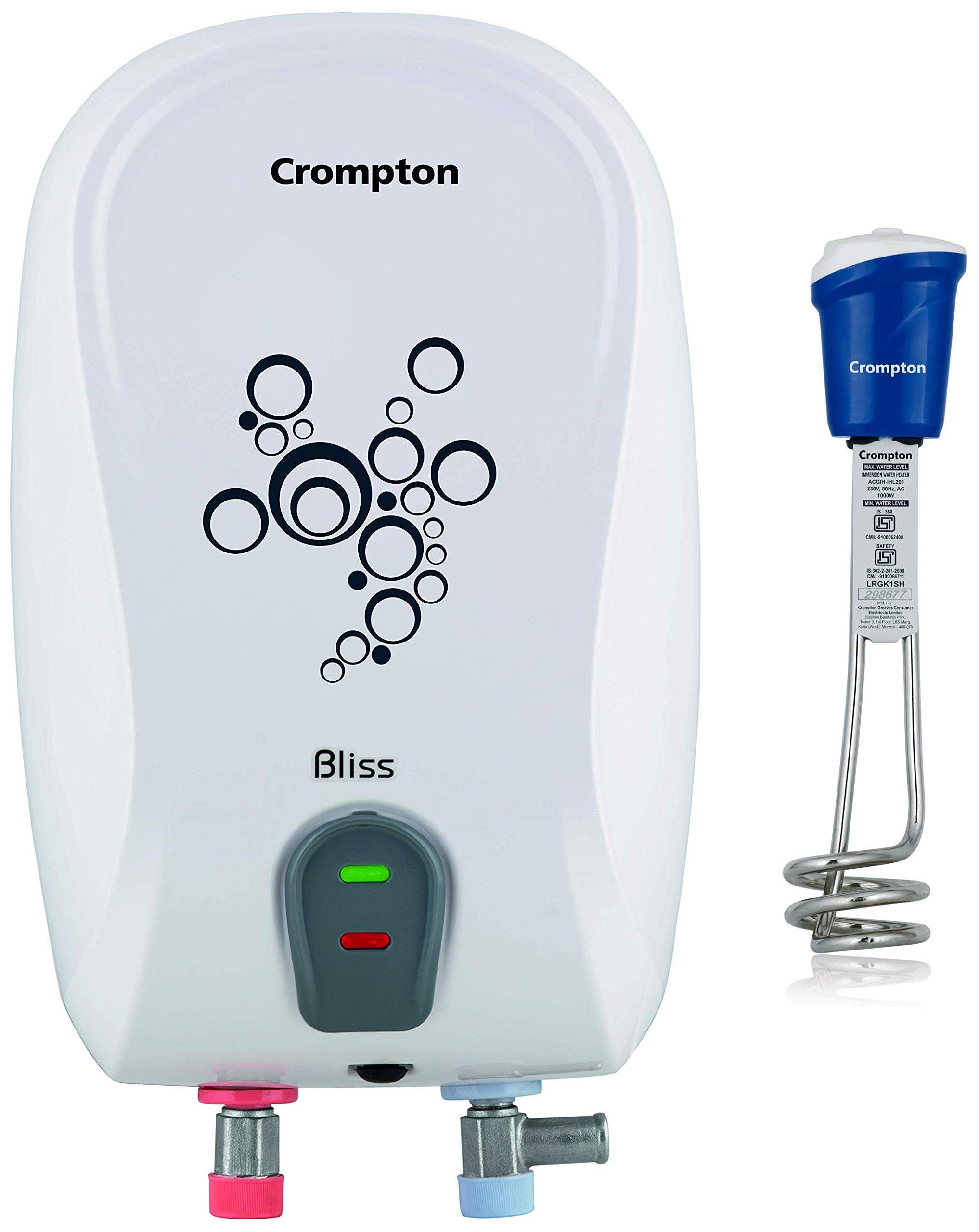 Buy Crompton Bliss 3-Litre Instant Water Heater (White) u0026 Crompton Ihl251  1500-Watt Immersion Water Heater (Blue) Online at desertcartCyprus