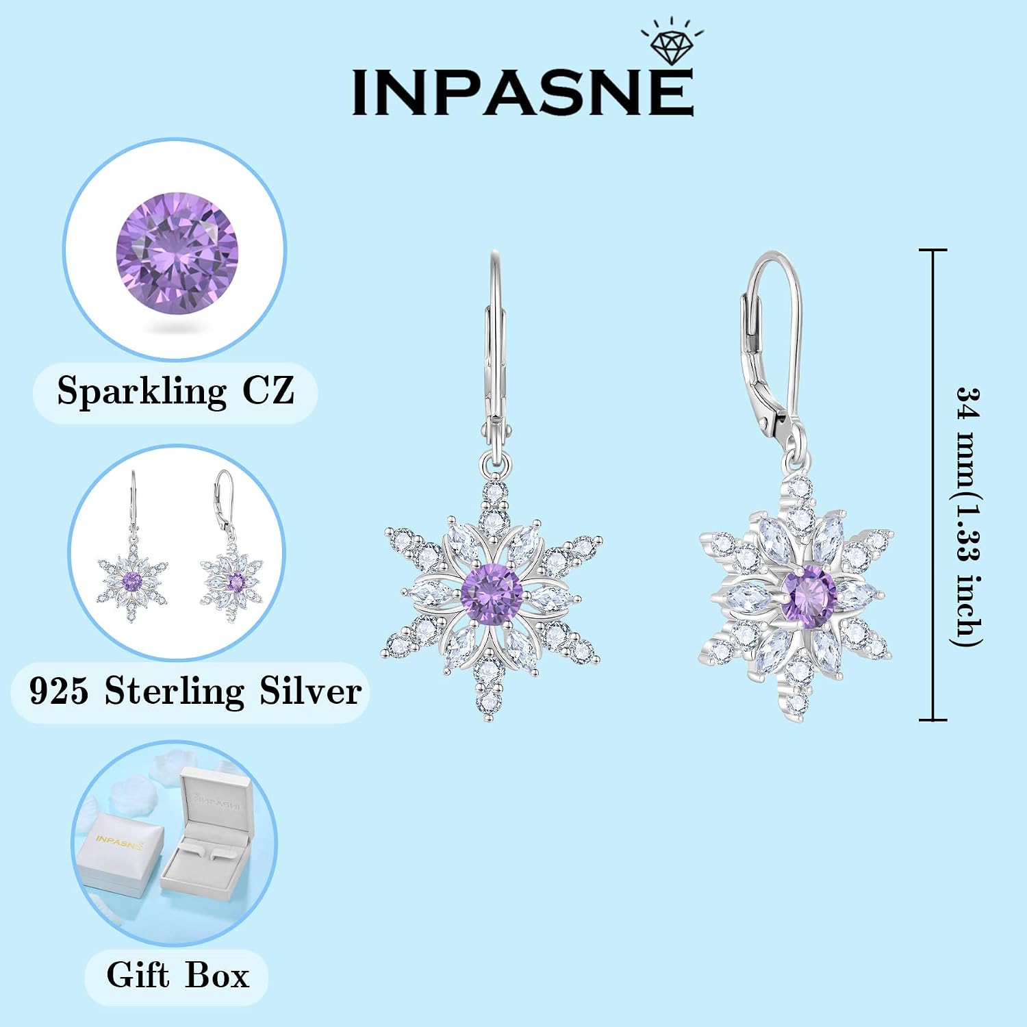 Snowflake Earrings for Women 925 Sterling Silver Christmas Earrings Dangle Drop Leverback Birthstone Jewelry for Her
