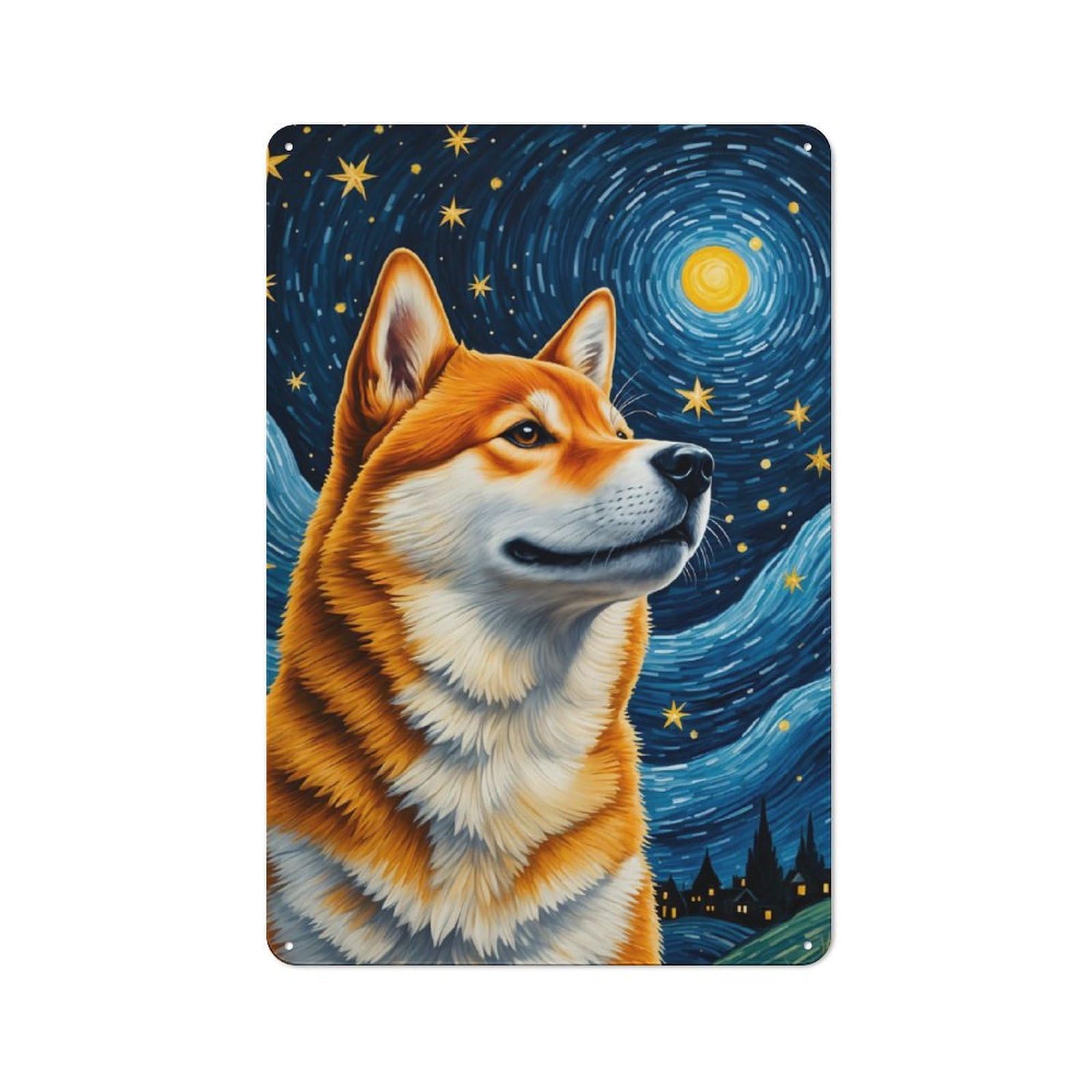 Shiba Inu Starry Night Cottage Style Metal Wall Decor 30x20cm, Farmhouse Metal Sign for Kitchen, Cottage, Porch Or Garden Room