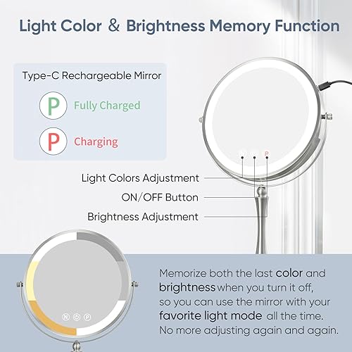 Miniatura 5 de Nicesail Espejo de maquillaje grande iluminado de 9 pulgadas, espejo de tocador con aumento 1X10X con iluminación LED regulable de 3 colores,