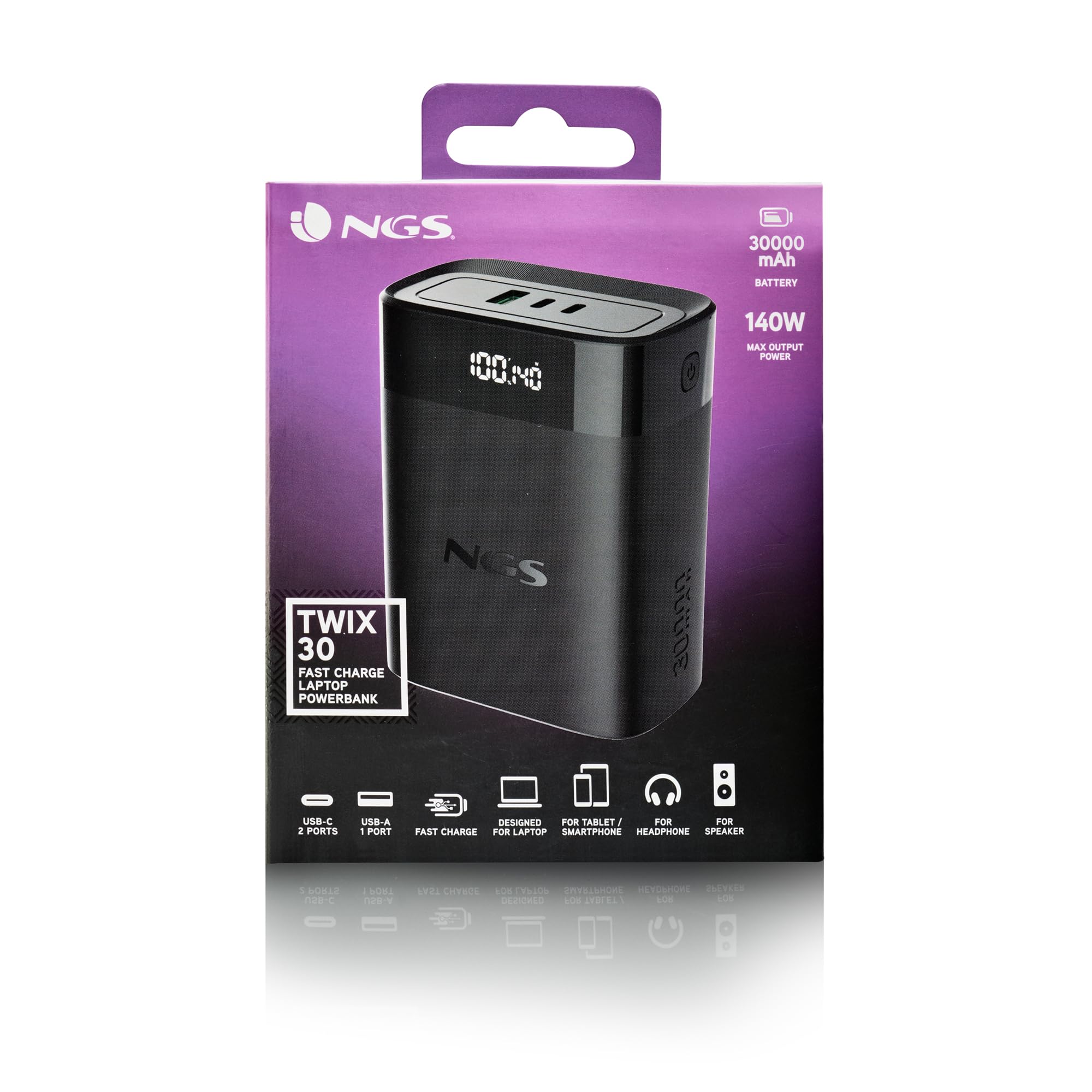 NGS Twix 30 - Batteria portatile 30000 mAh, 140 W, ricarica rapida, PD 3.1 per laptop, USB-C 30 W, USB-A QC 22,5 W, display LED, compatto e leggero, compatibile con iPhone, Samsung, Huawei