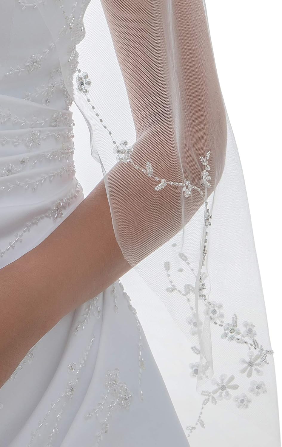 SAMKY 1T 1 Tier Offset Floral Vine Pearls Beaded Crystals Bridal Veil