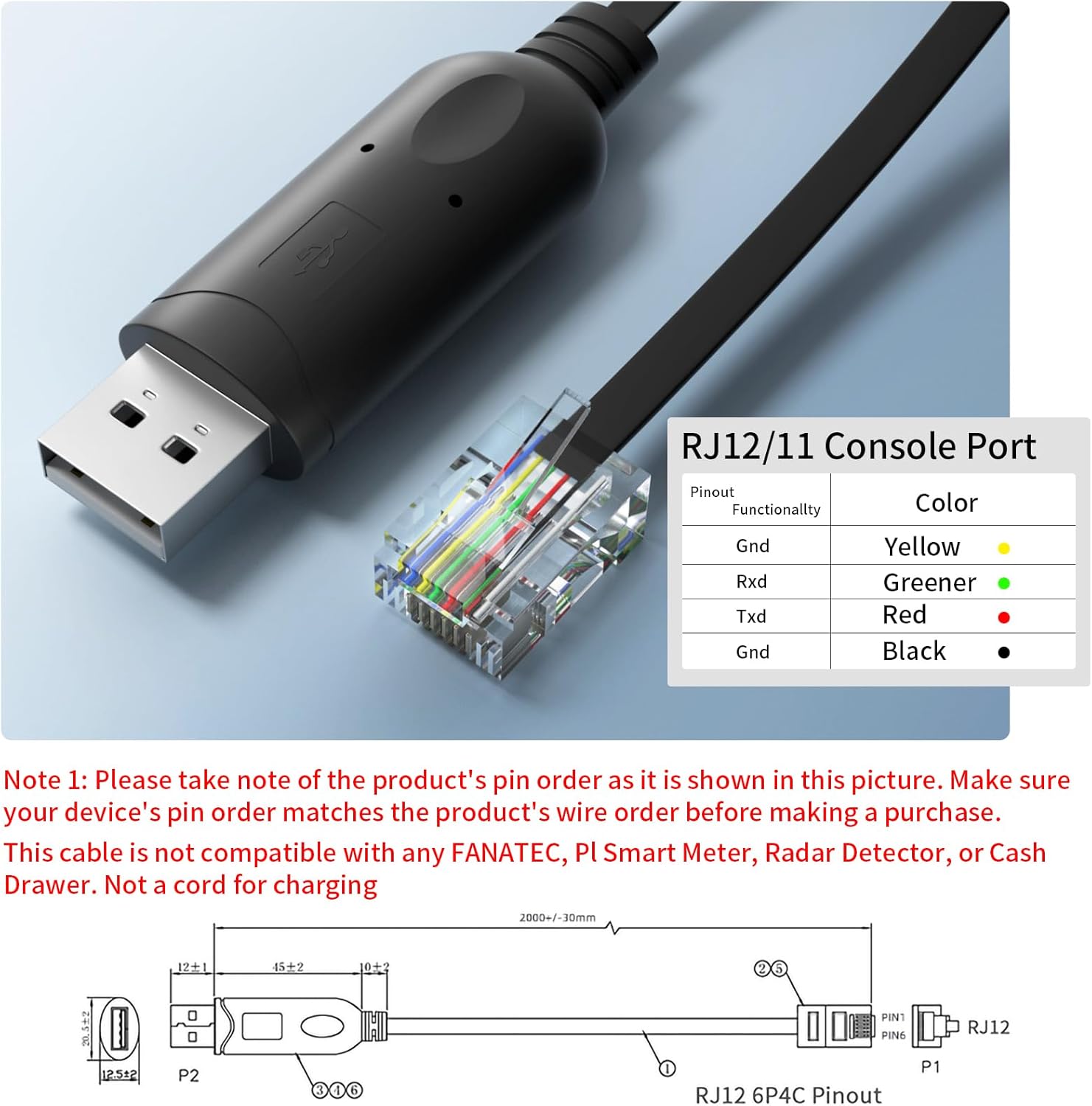 6.5ft USB to RJ12 Cable 6P4C RS232 Serial Cable with FTDI-FT232 Chip Adapter Cord for APC PDU UPS 940-0144 940-0144A (2)