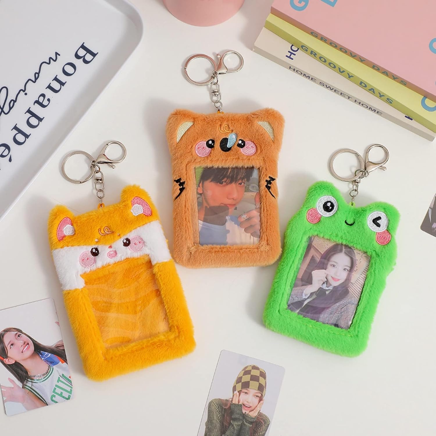 ZGMYC Cute Plush Kpop Photocard Holder with Keychain, Cartoon Bear Bunny Pig Photo Sleeve Card Holder Protector