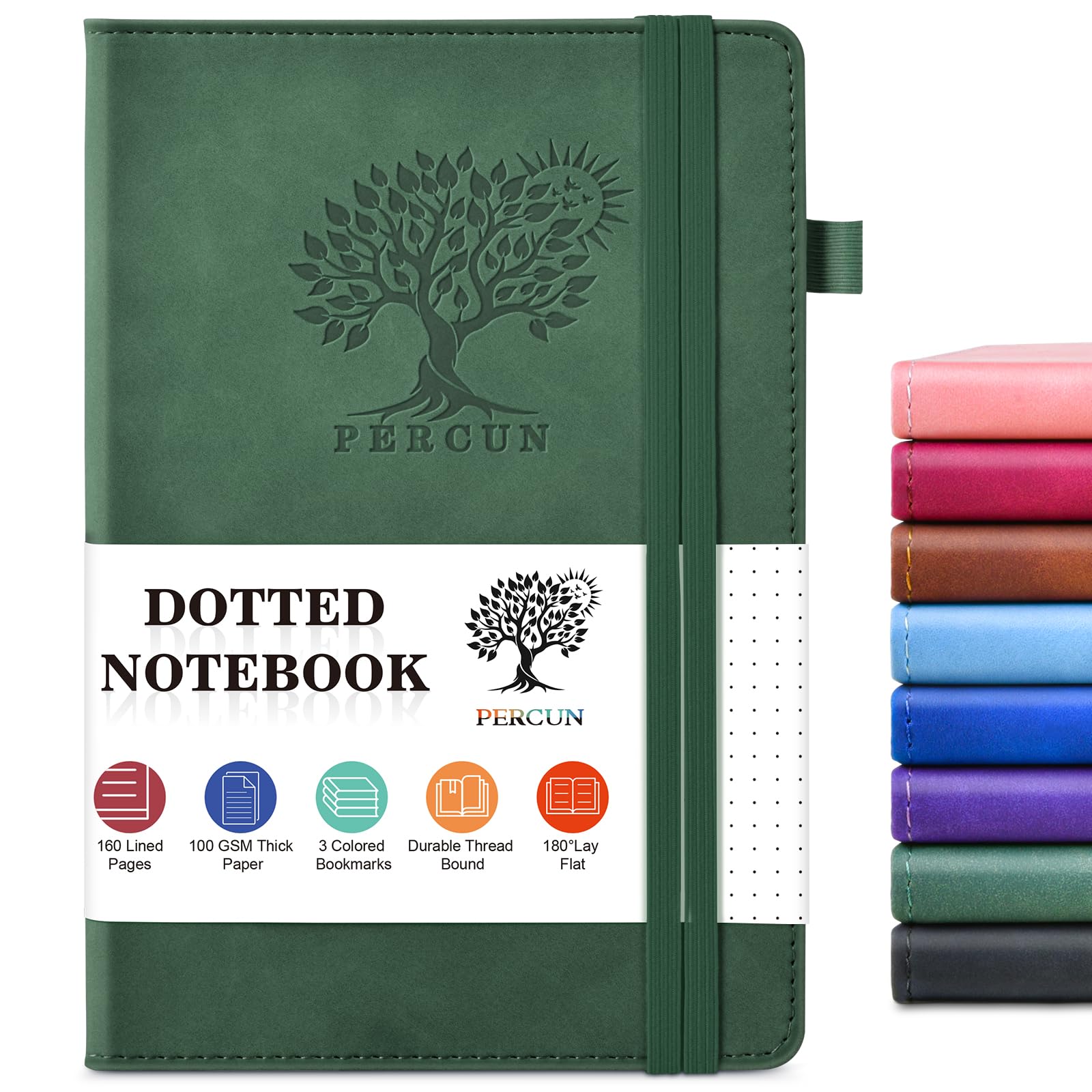 PERCUN Gepunktetes Tagebuch, Notizbuch für Damen und Herren, 160 Seiten, Punktraster, A5, Hardcover, Leder, Bullet Journaling für Schreiben, Arbeit, Schule, Reisen, Tagesplaner, 15 x 21,6 cm (grün)
