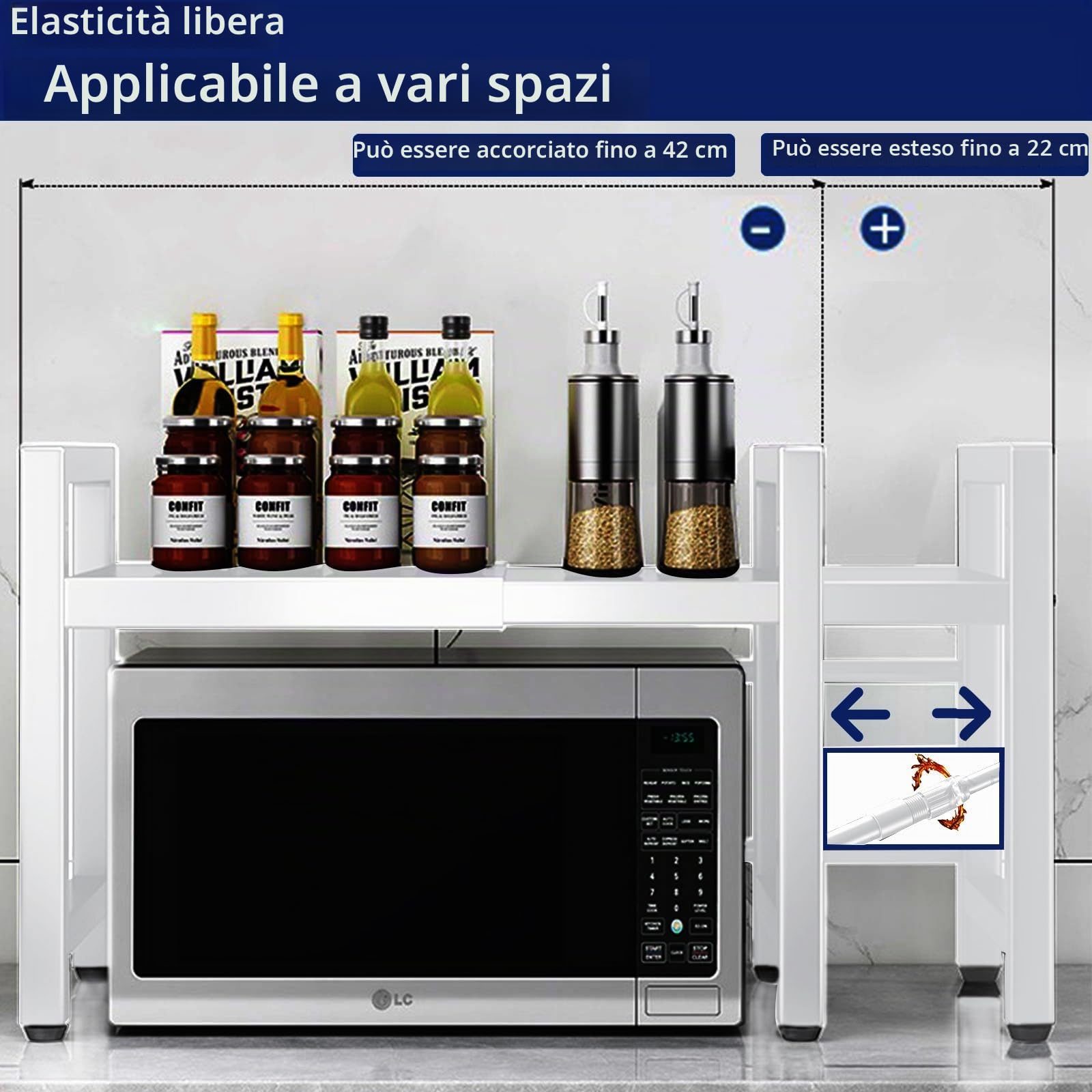 Scaffale allungabile per microonde a 2 ripiani con 6 ganci, supporto per forno a microonde, scaffale da cucina per piano di lavoro, allungabile da 40 a 64 cm, bianco