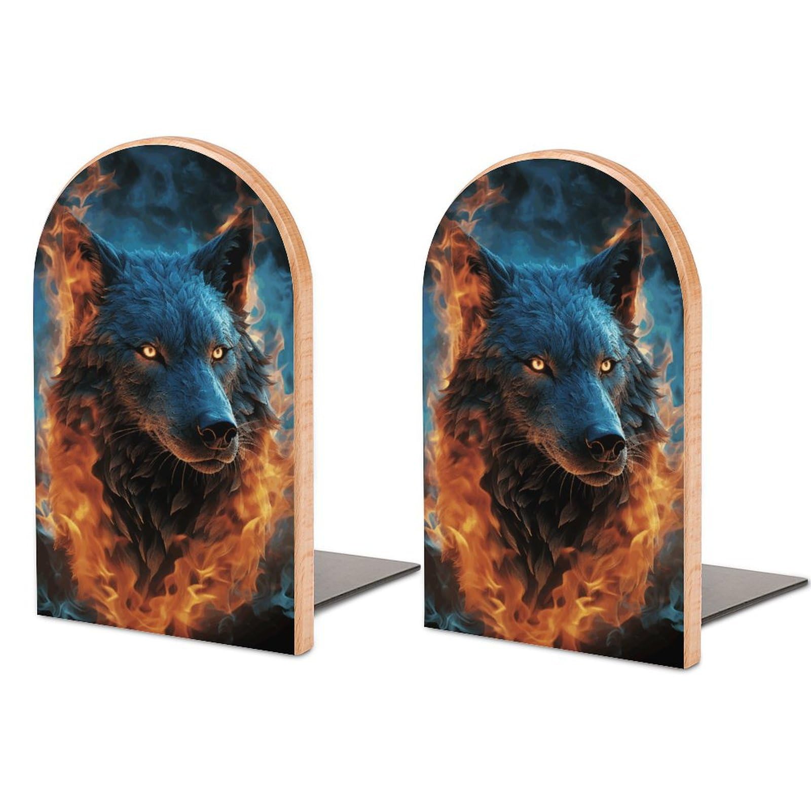 Serre-livres réglables en bois de hêtre noble et support fer design loup bleu